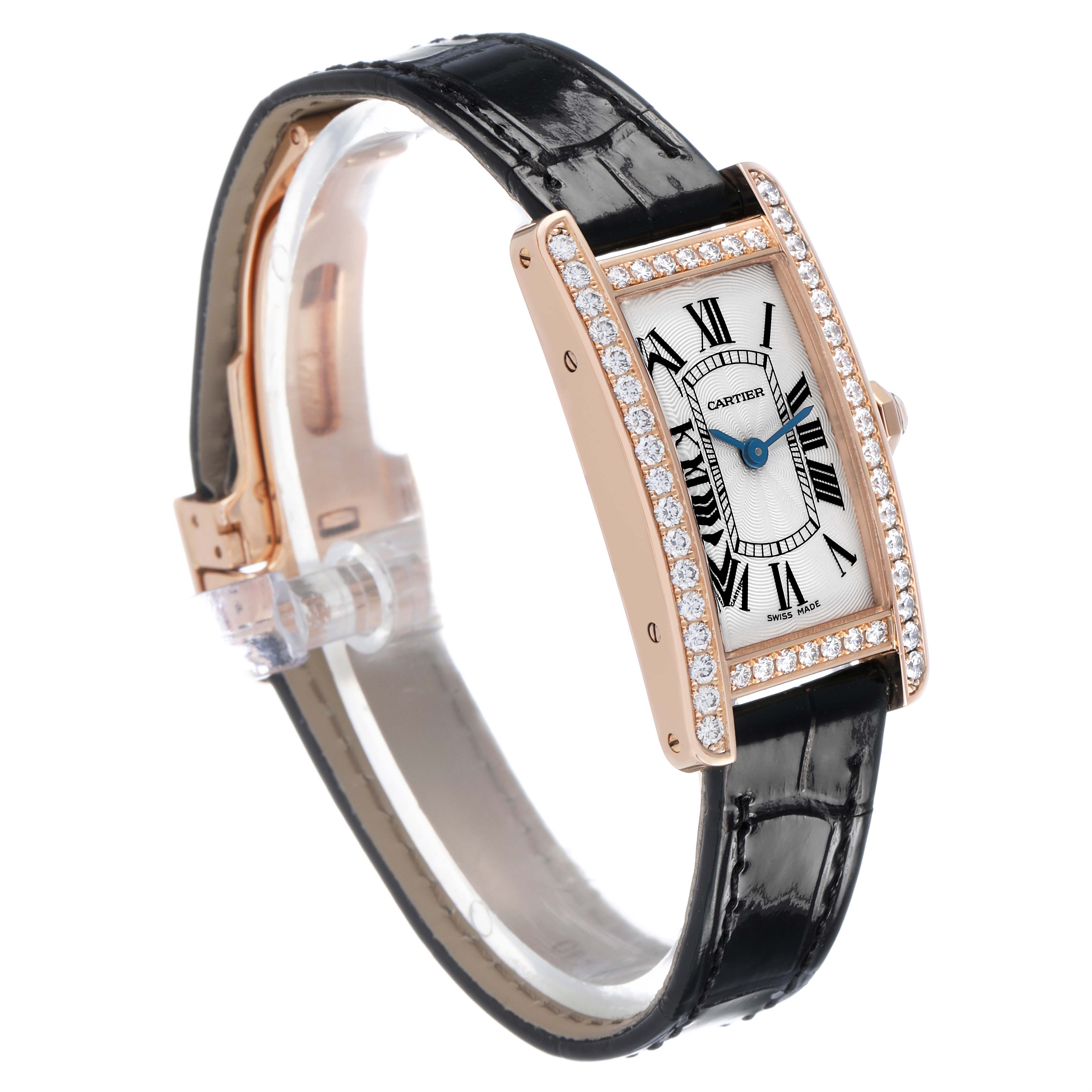 The Cartier Tank Americaine WJTA0002 Women's Rose Gold Silver Dial watch is shown at a three-quarter angle, highlighting the rectangular face, diamond bezel, and leather strap.
