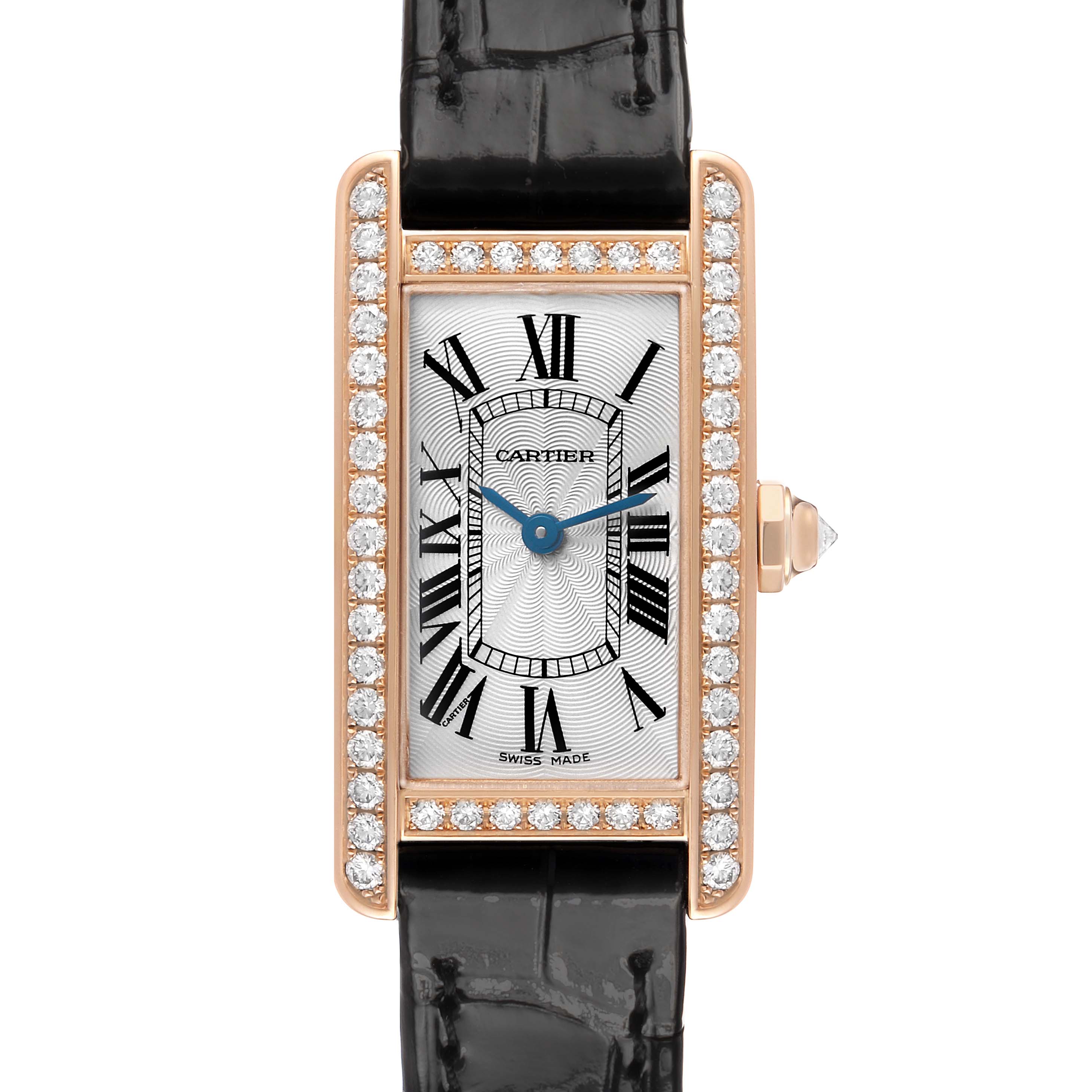 The Cartier Tank Americaine WJTA0002 Women's Rose Gold Silver Dial watch is shown from a front angle, highlighting its rectangular face, diamond bezel, and black strap.