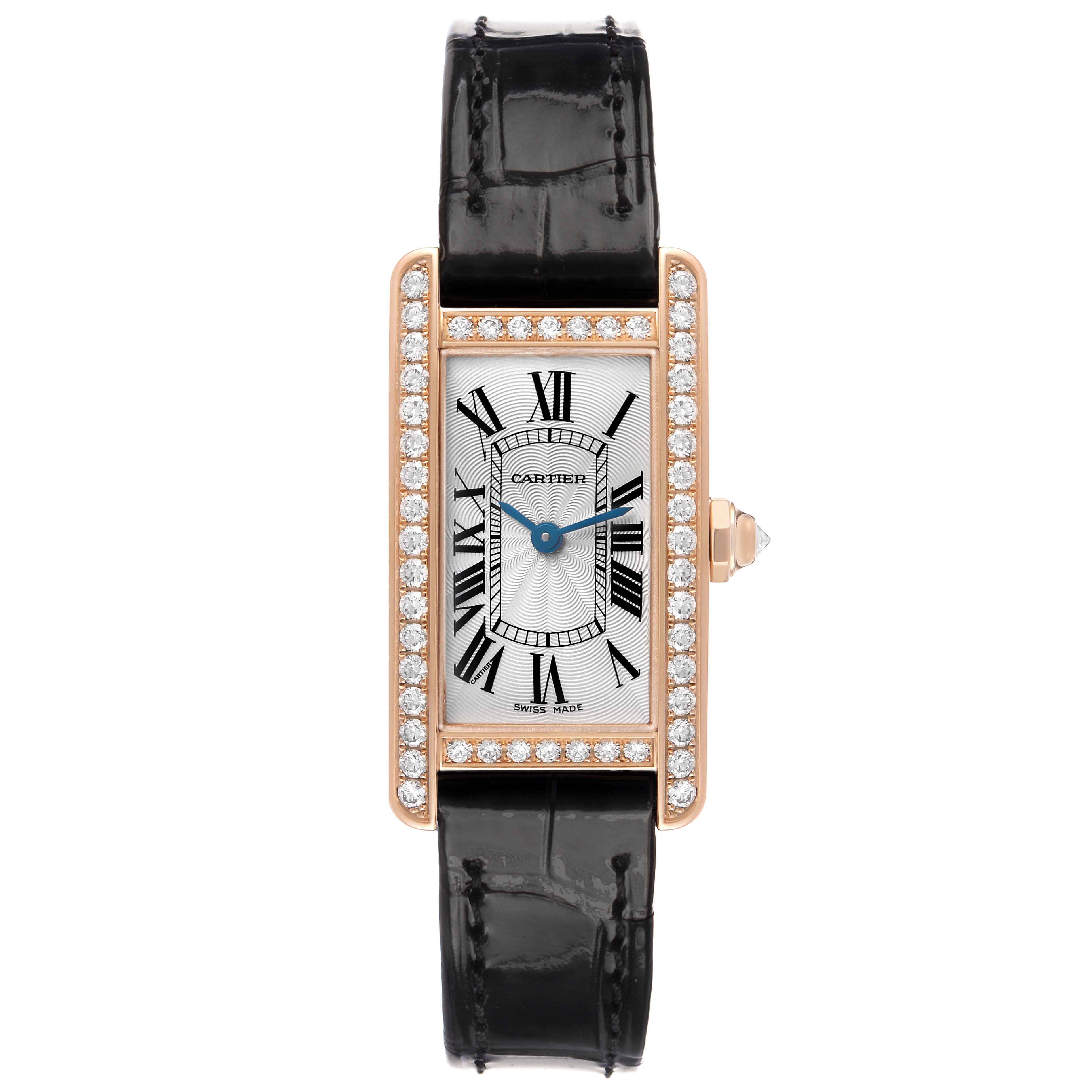 The Cartier Tank Americaine WJTA0002 Women's Rose Gold Silver Dial watch is shown from a top view, highlighting its rectangular face, diamond bezel, and black strap.