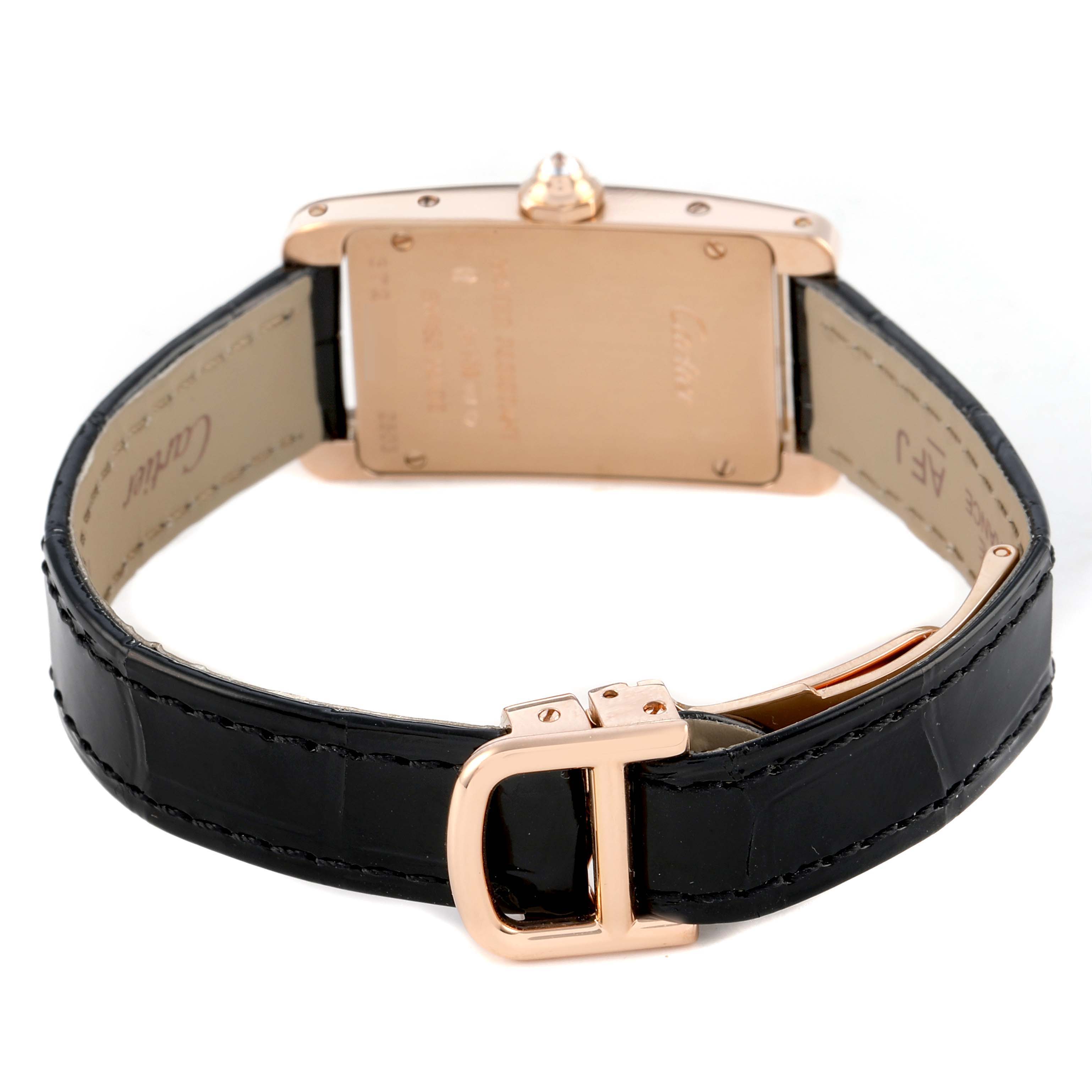 The image shows the back view of the Cartier Tank Américaine watch, highlighting its clasp and case.