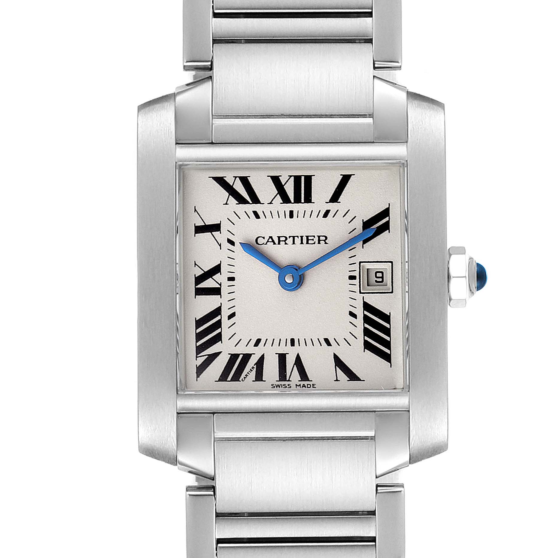 This image shows a close-up front view of a Cartier Tank Française watch, including its face, bracelet, and crown.