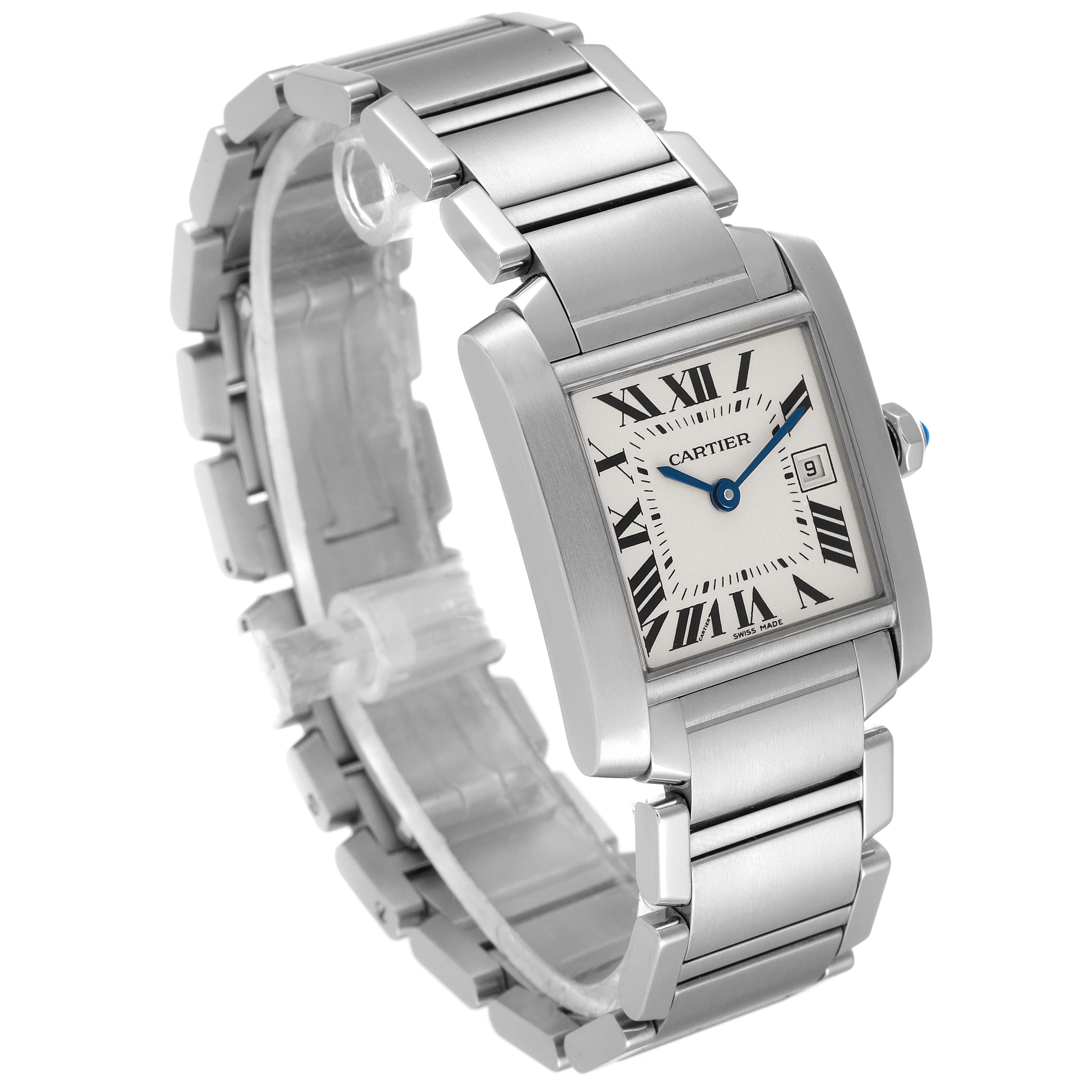 This Cartier Tank Francaise W51011Q3 Women's Stainless Steel Silver Dial W51011Q3 Women's Stainless Steel Silver Dial watch is shown at a three-quarter angle, highlighting its rectangular face, metal bracelet, and Roman numeral dial.
