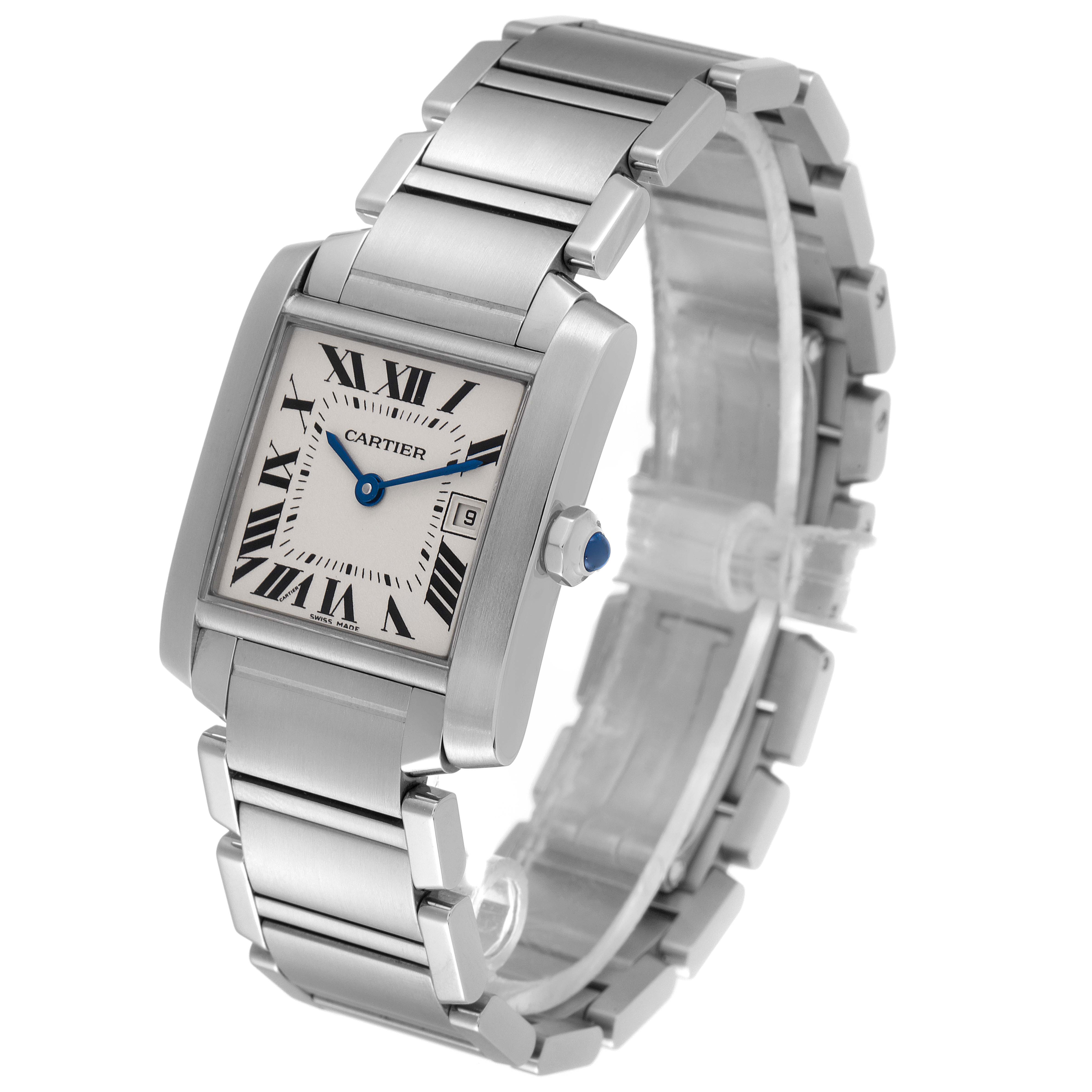 The Cartier Tank Francaise W51011Q3 Women's Stainless Steel Silver Dial W51011Q3 Women's Stainless Steel Silver Dial watch is shown at a slight angle highlighting the face, bezel, crown, and bracelet.