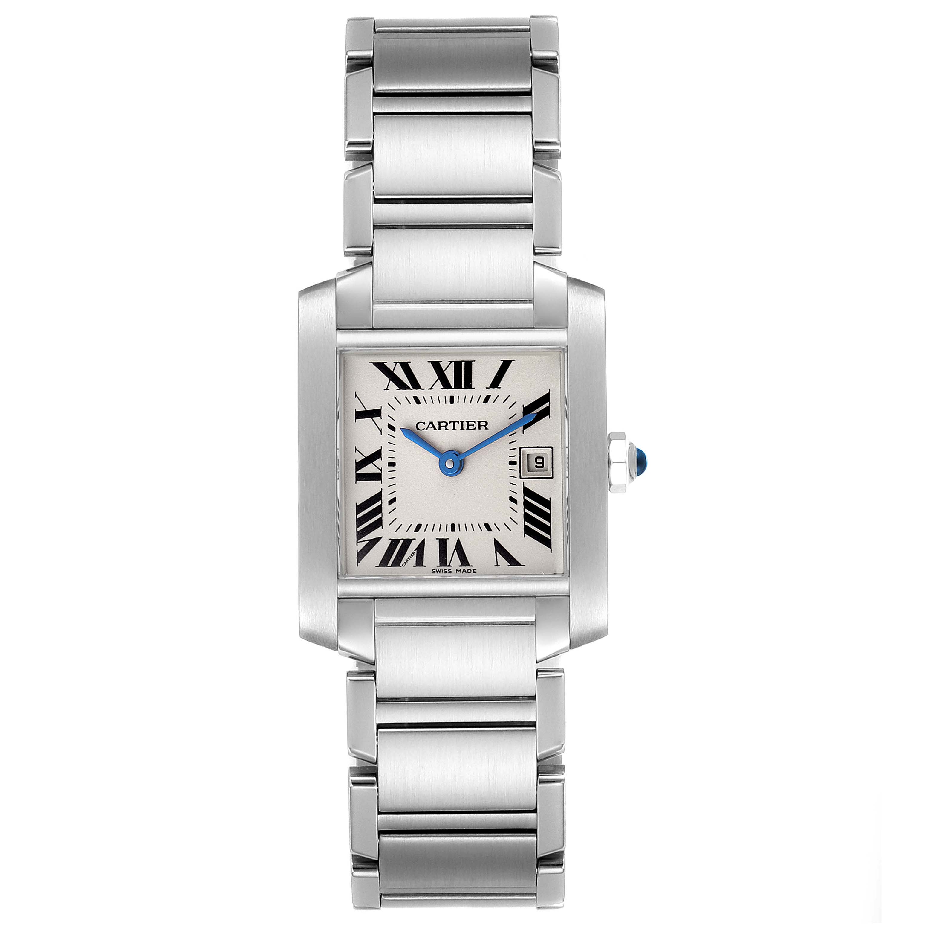 The Cartier Tank Francaise W51011Q3 Women's Stainless Steel Silver Dial W51011Q3 Women's Stainless Steel Silver Dial watch is shown from a top-down angle, displaying its bracelet, square dial, and signature blue hands.