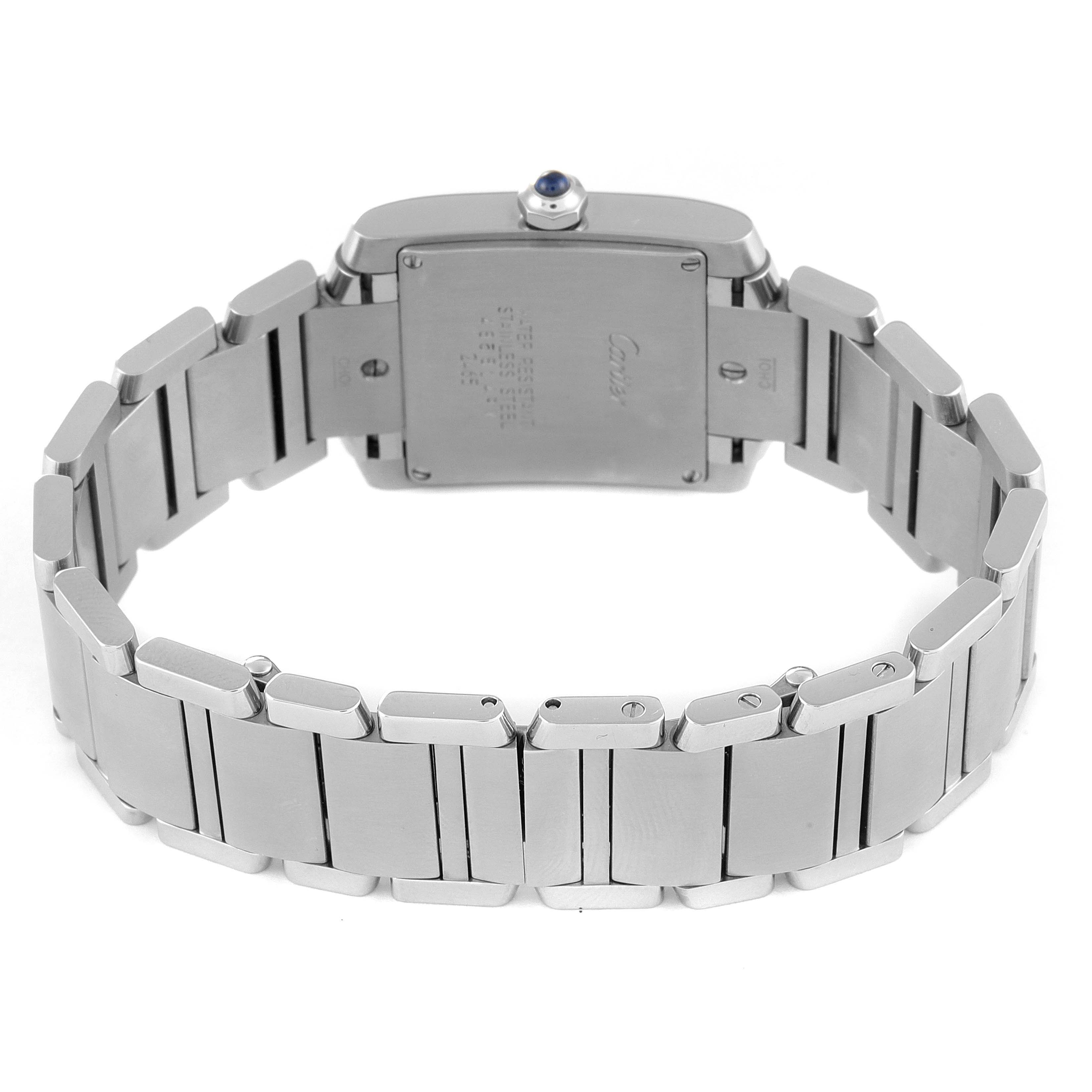 The image shows the back and bracelet of a Cartier Tank Francaise W51011Q3 Women's Stainless Steel Silver Dial W51011Q3 Women's Stainless Steel Silver Dial watch viewed from the bottom angle.