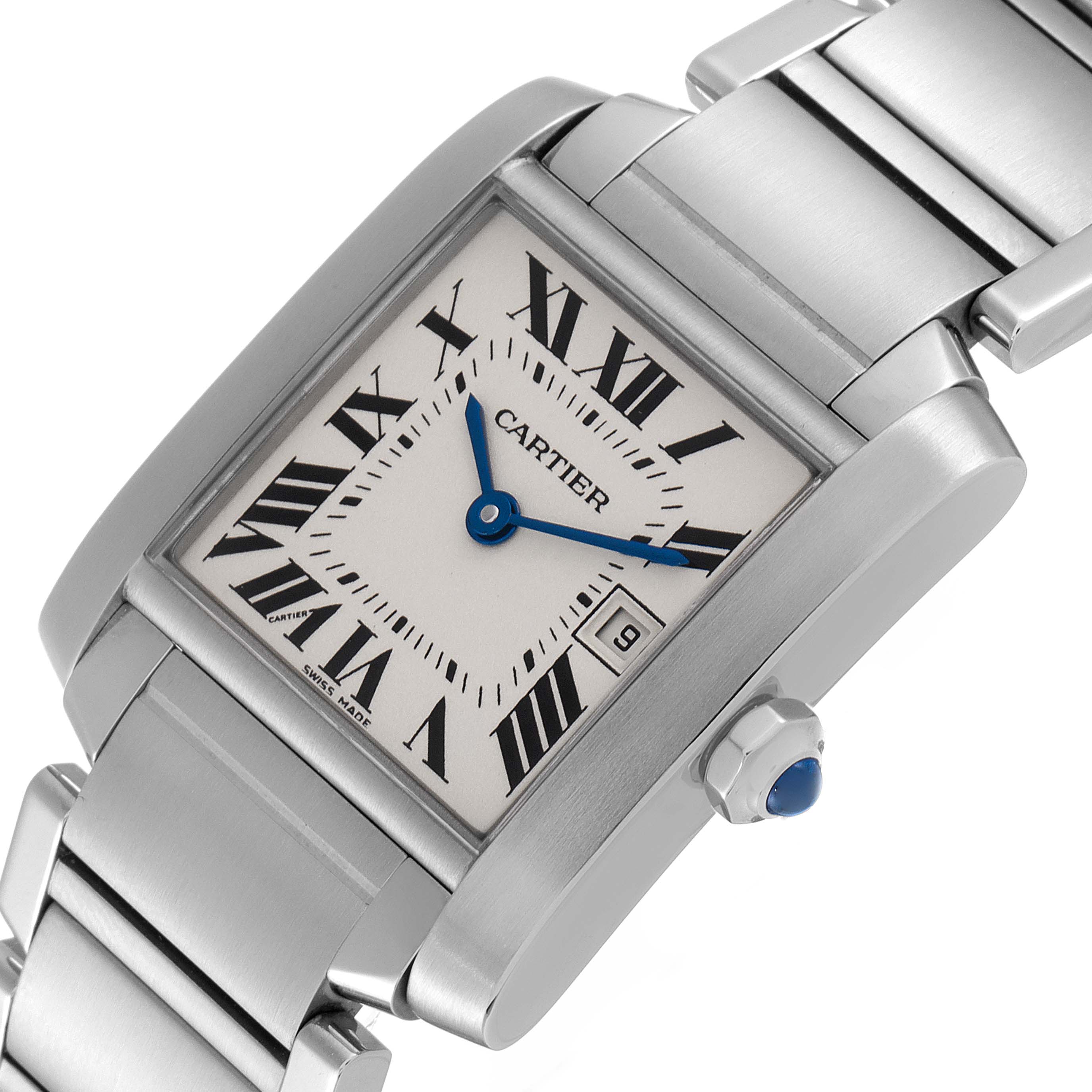 This image shows a close-up of the Cartier Tank Française watch, highlighting the dial, face, and part of the bracelet at an angle.