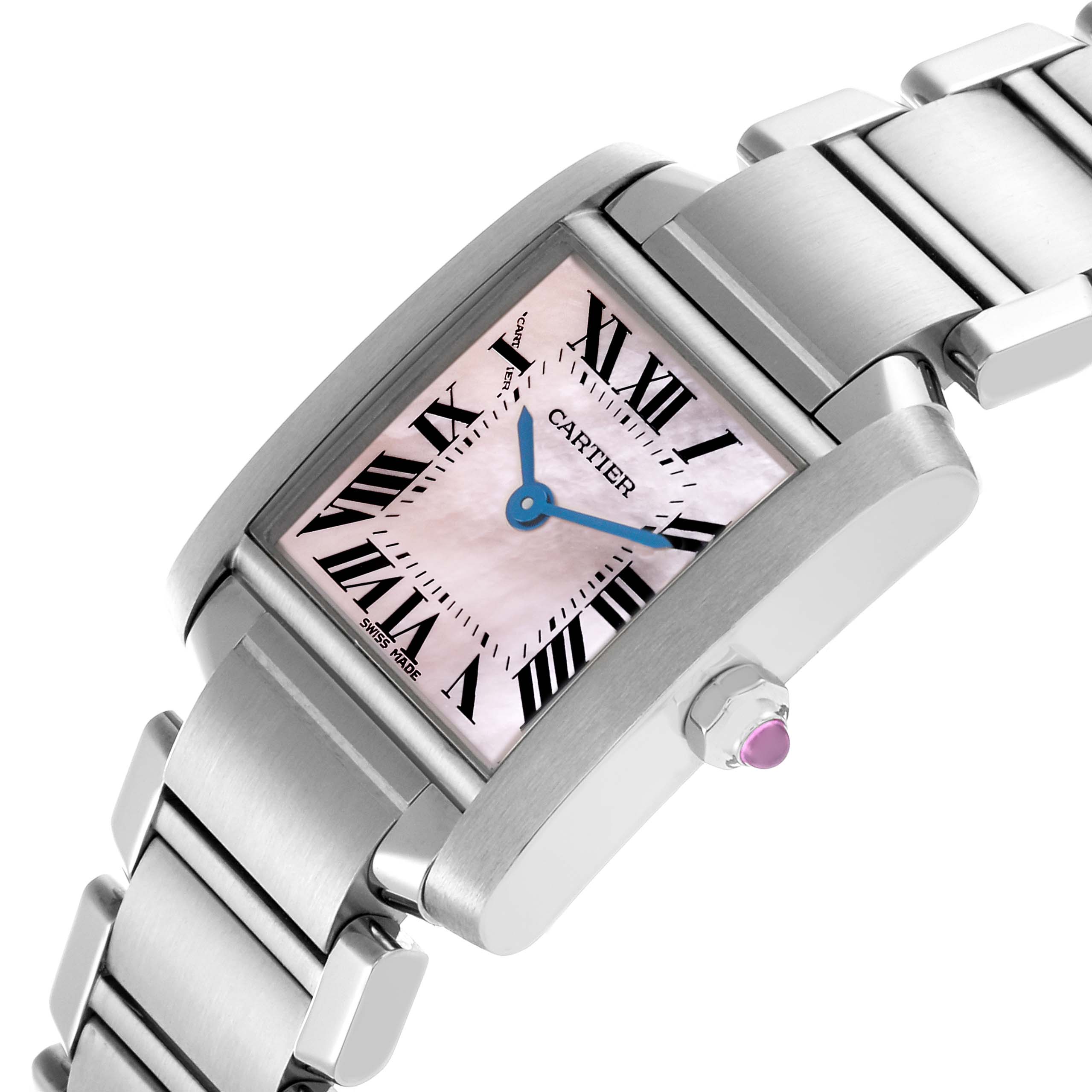 The Cartier Tank Francaise W51028Q3 Women's Stainless Steel Mother of Pearl Dial W51028Q3 Women's Stainless Steel Mother of Pearl Dial watch is shown at an angled view, highlighting its bracelet, rectangular case, and Roman numeral dial.