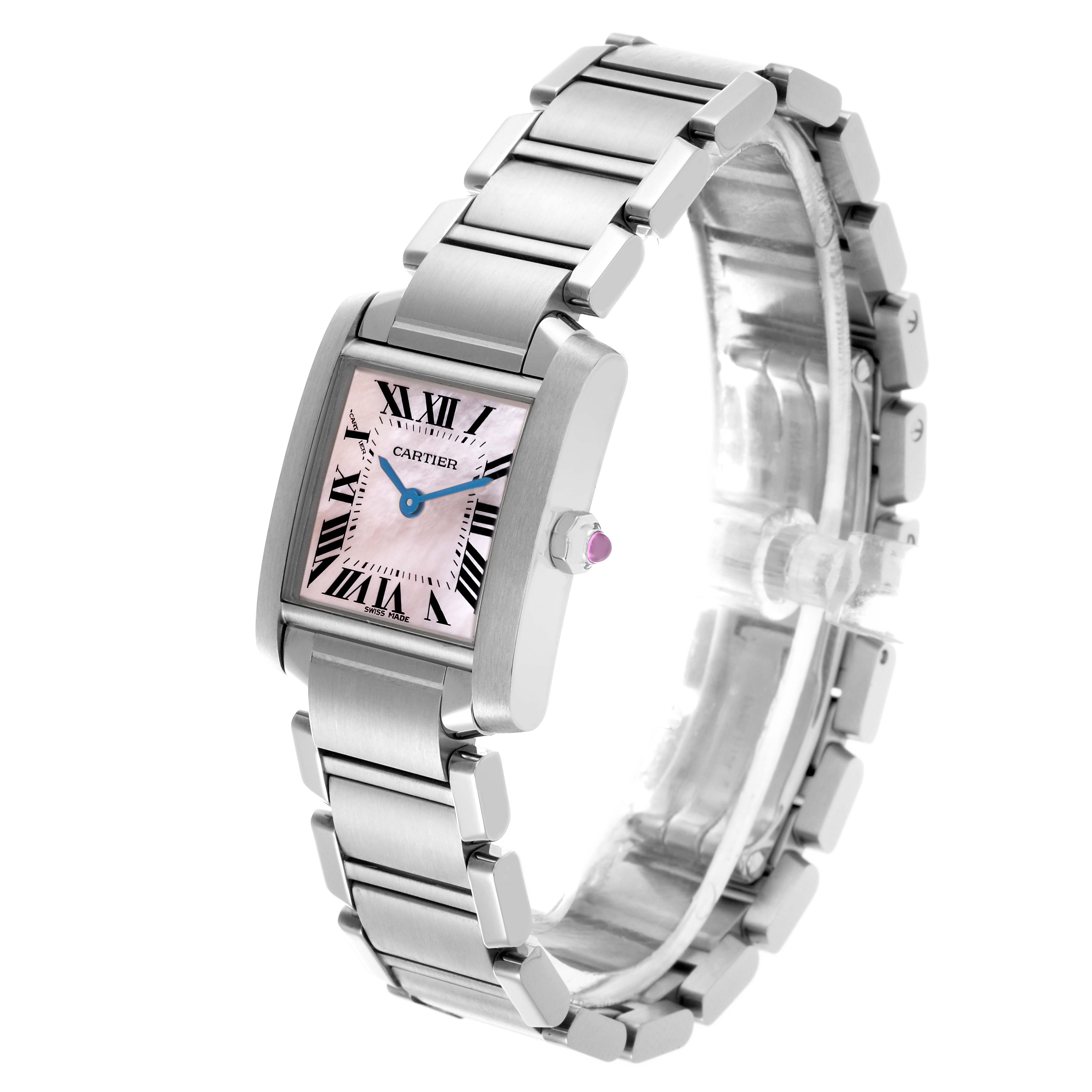 The Cartier Tank Française watch is shown at a three-quarter angle highlighting its face, case, and stainless steel bracelet.