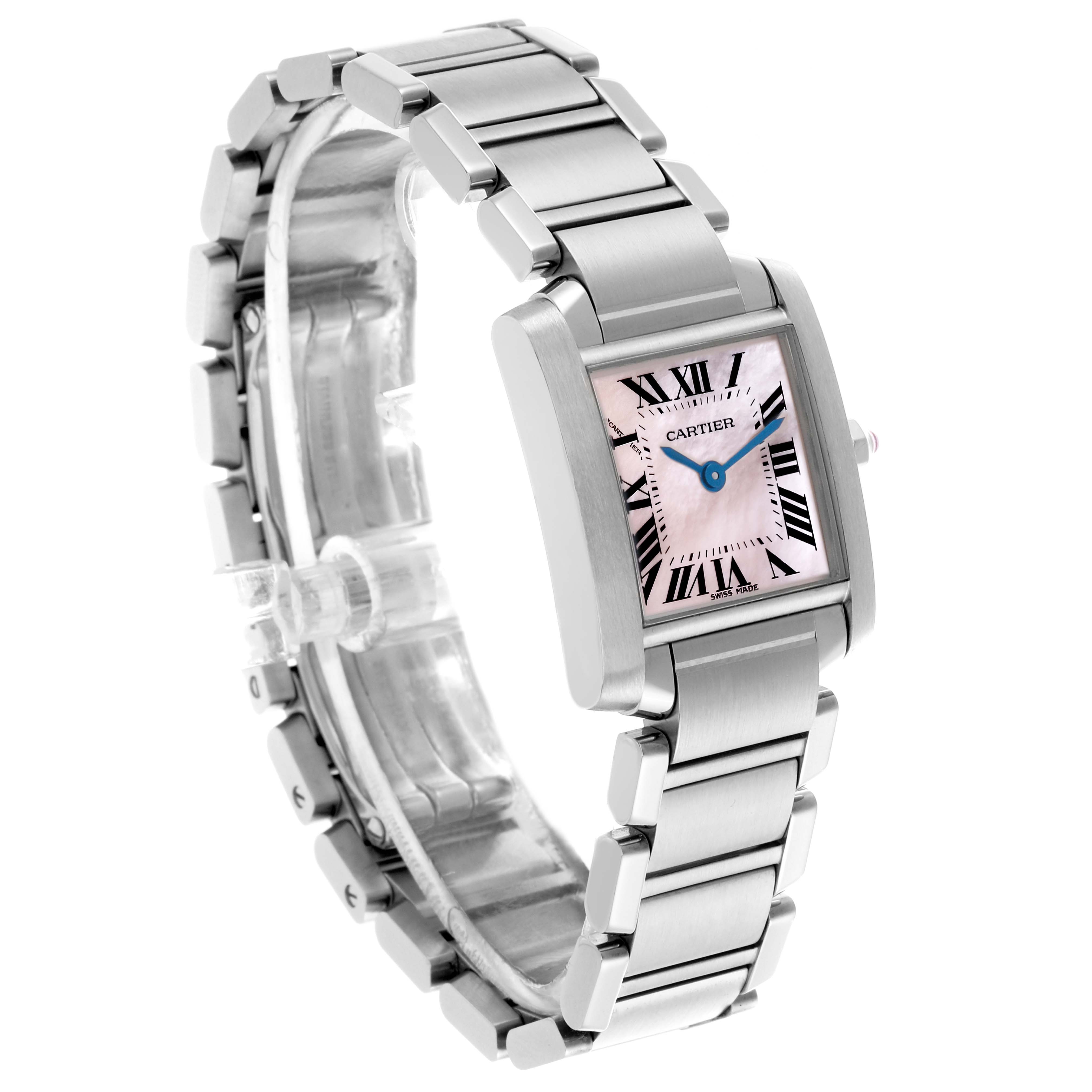 The Cartier Tank Francaise W51028Q3 Women's Stainless Steel Mother of Pearl Dial W51028Q3 Women's Stainless Steel Mother of Pearl Dial watch is shown at a side angle, displaying the bracelet and rectangular face with Roman numerals.