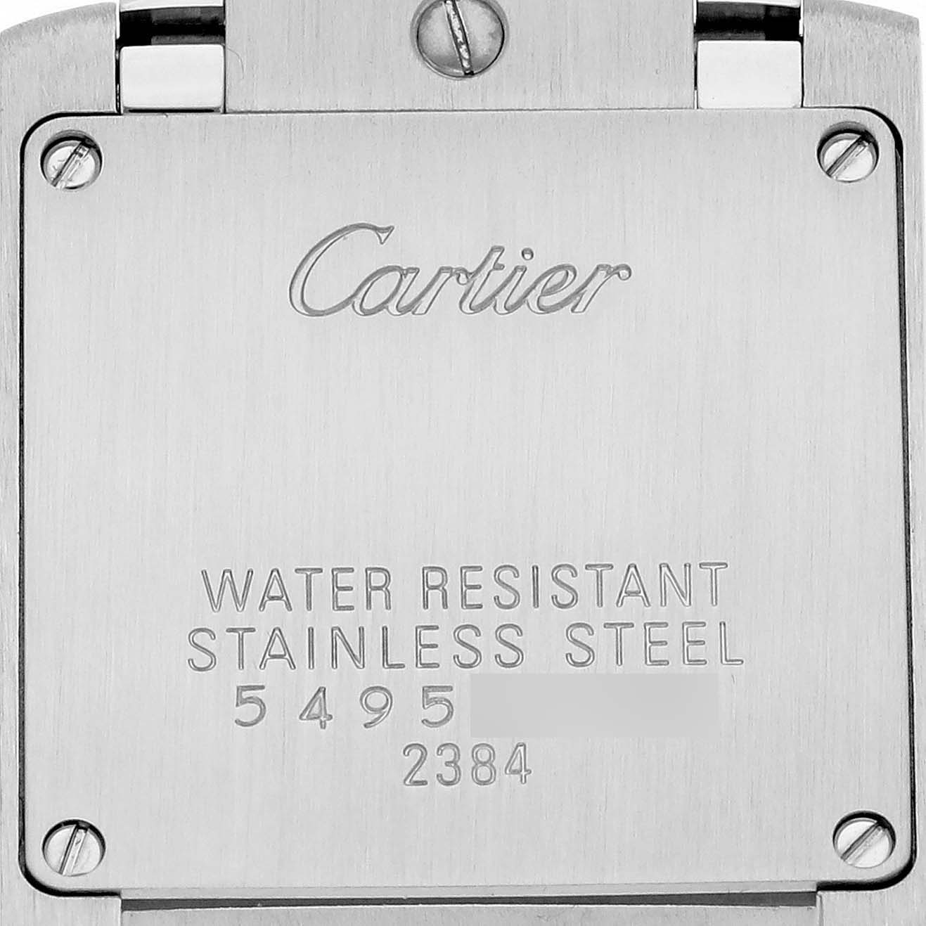 This is a close-up image of the back of a Cartier Tank Française watch, showing its water resistance and material details.