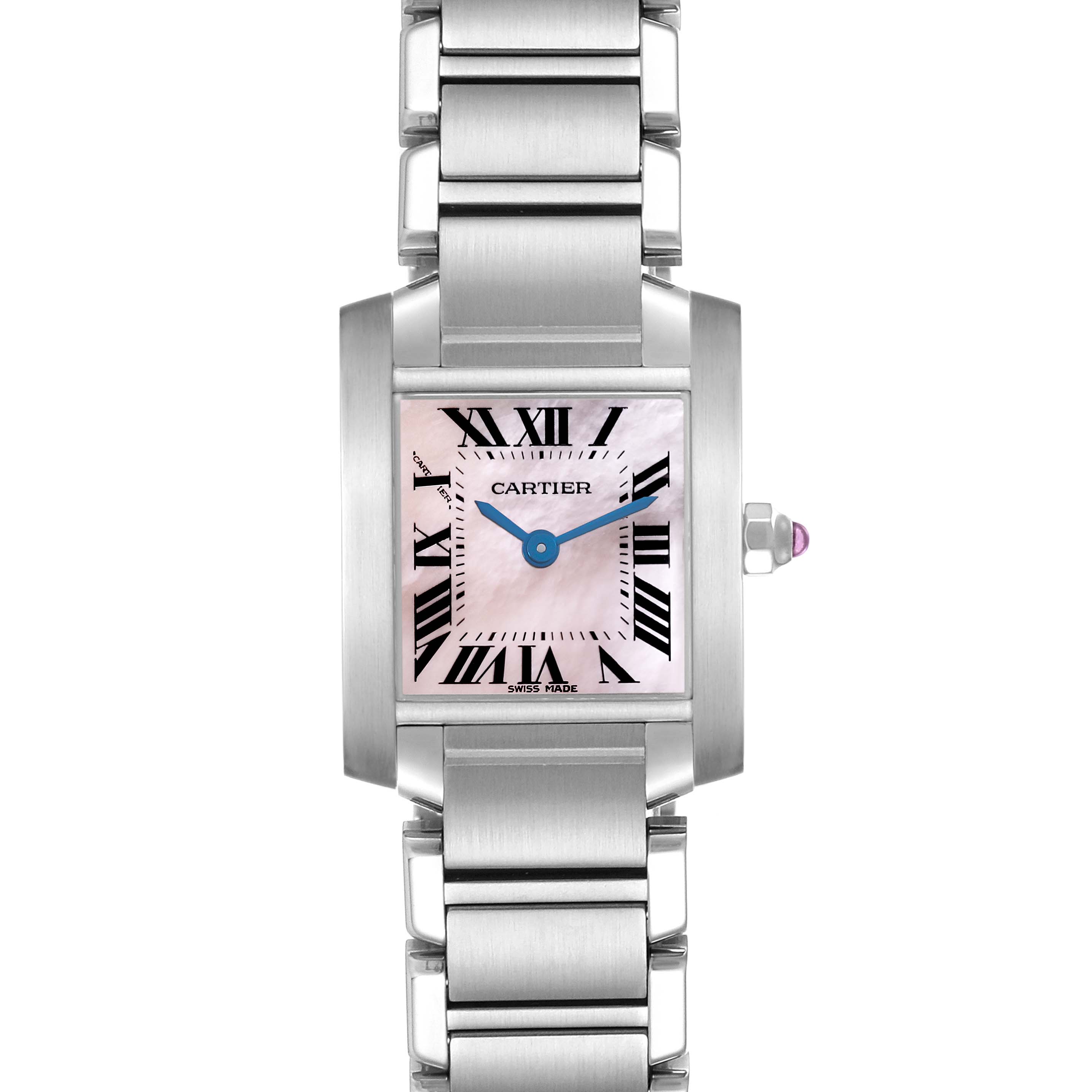 The Cartier Tank Française watch is shown from a front angle, highlighting its rectangular case, pink dial, and metal bracelet.