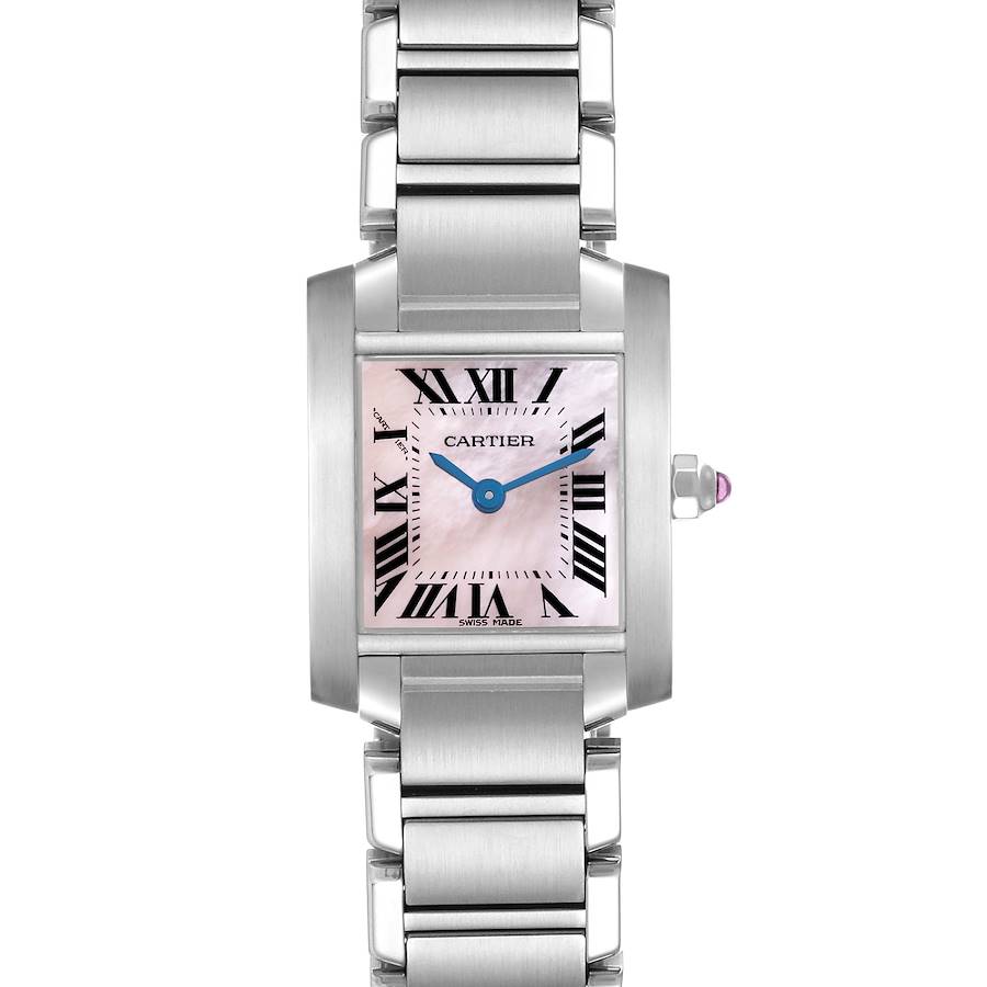 The Cartier Tank Française watch is shown from a front angle, highlighting its rectangular case, pink dial, and metal bracelet.