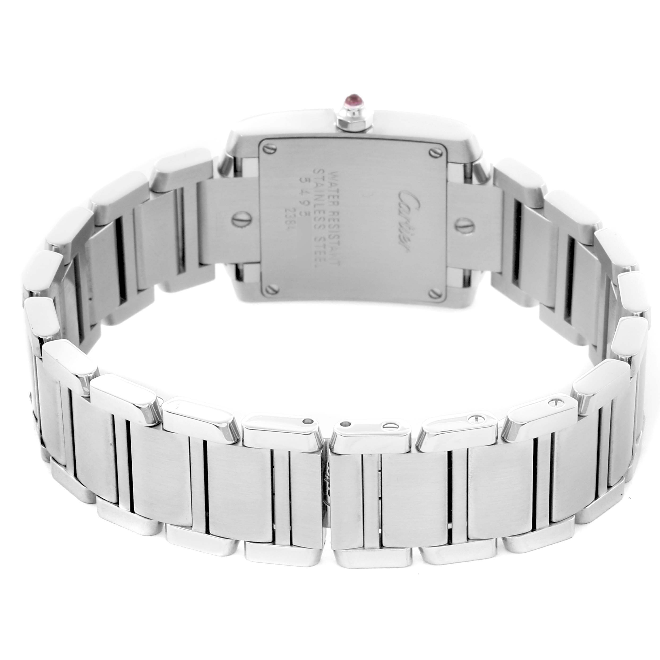The image shows the back view of the Cartier Tank Française, highlighting the stainless steel bracelet and case back details.