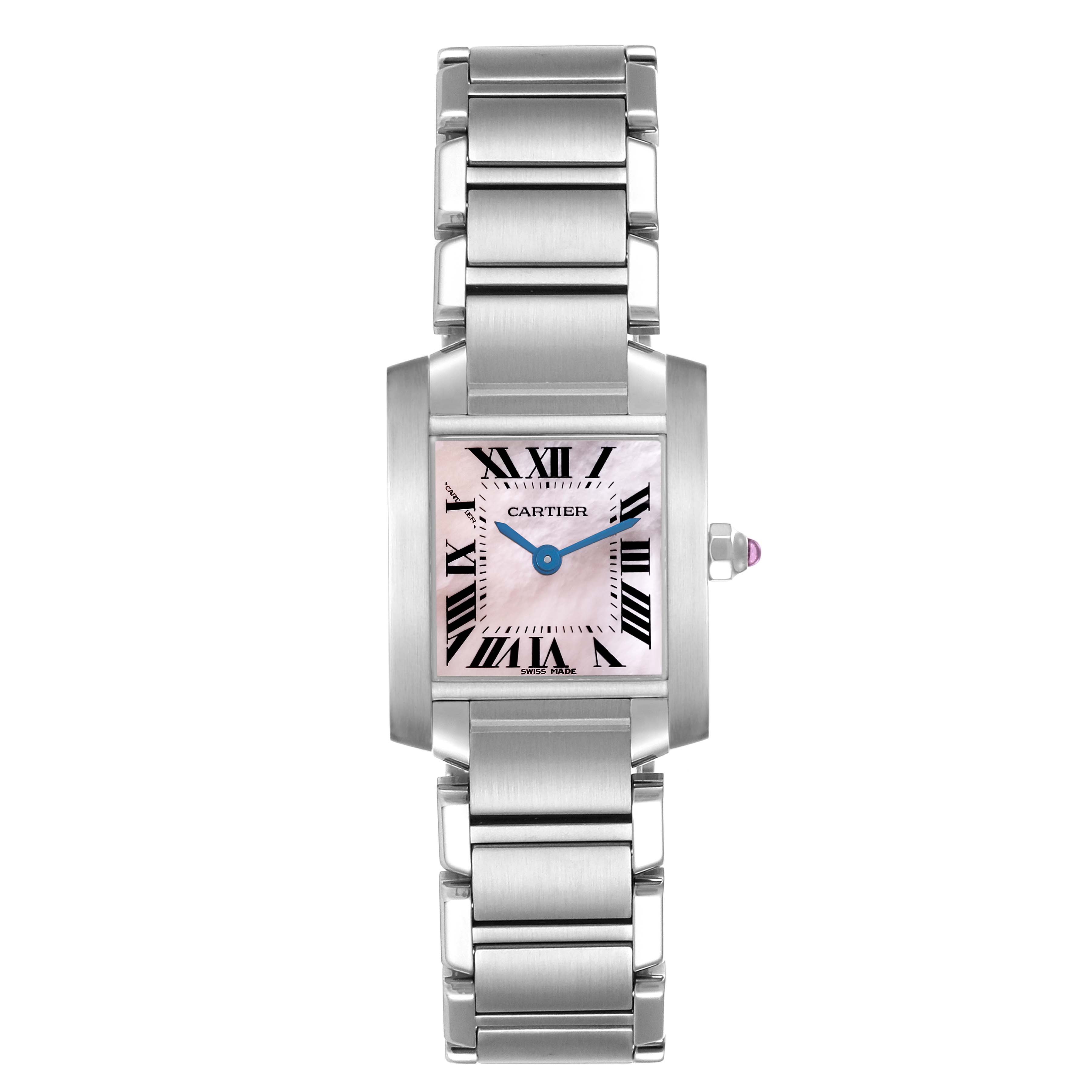 The Cartier Tank Francaise W51028Q3 Women's Stainless Steel Mother of Pearl Dial W51028Q3 Women's Stainless Steel Mother of Pearl Dial watch is shown from a front angle, highlighting its rectangular face and metal bracelet.