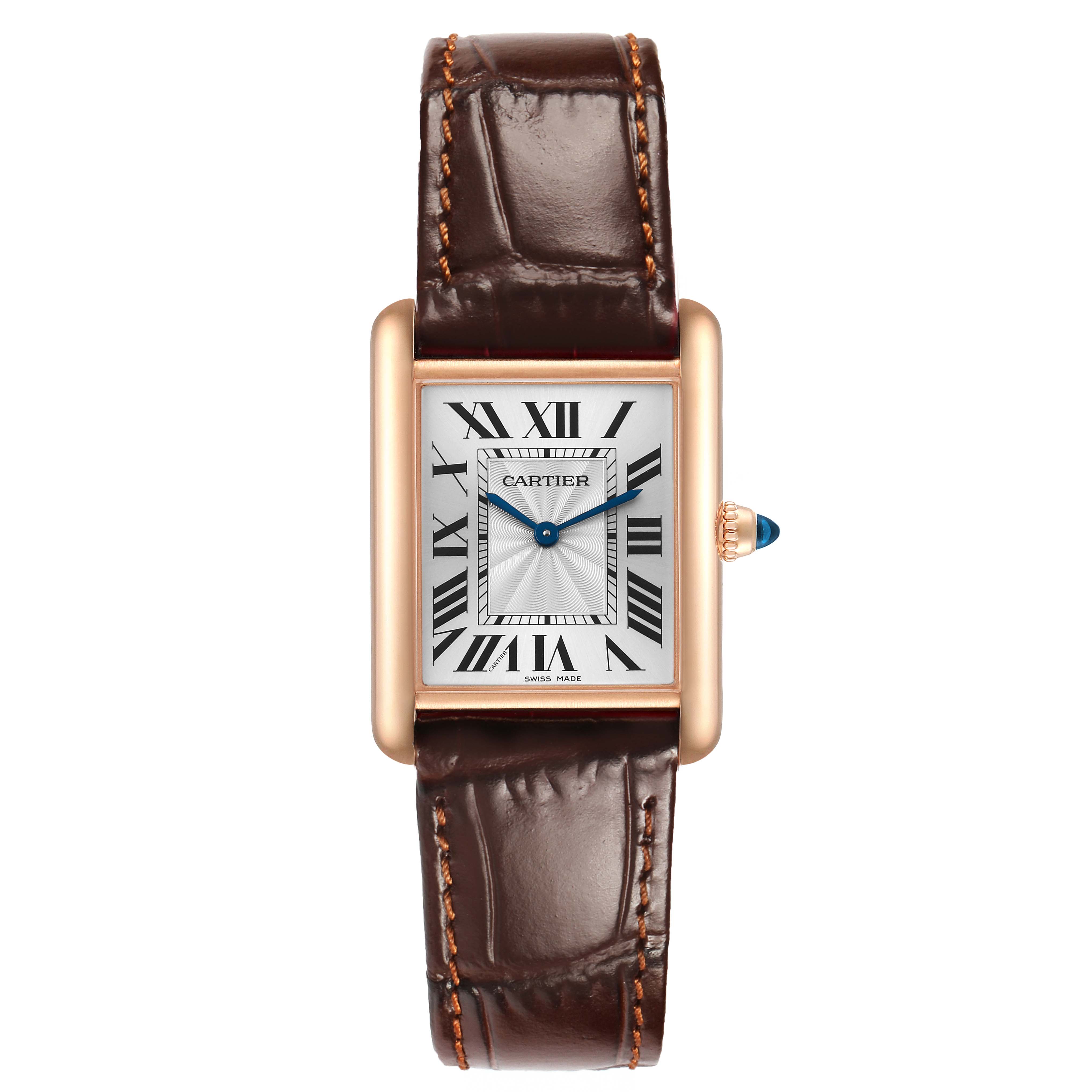 The Cartier Tank Louis WGTA0011 Men's Rose Gold Silver Dial model is shown from the front, highlighting the rectangular face, Roman numerals, and leather strap.
