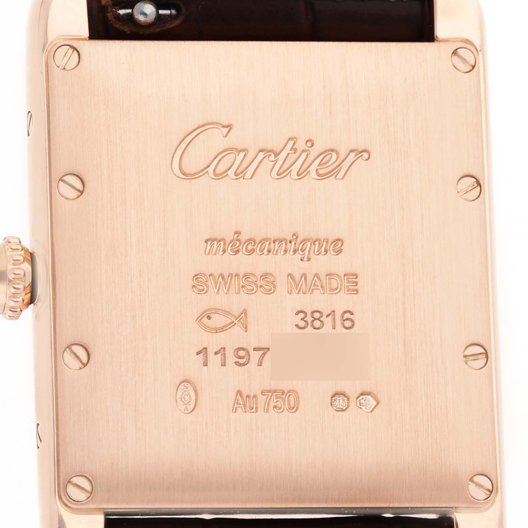 The image shows the back casing of a Cartier Tank Louis WGTA0011 Men's Rose Gold Silver Dial watch, highlighting its engravings and crown from a side angle.