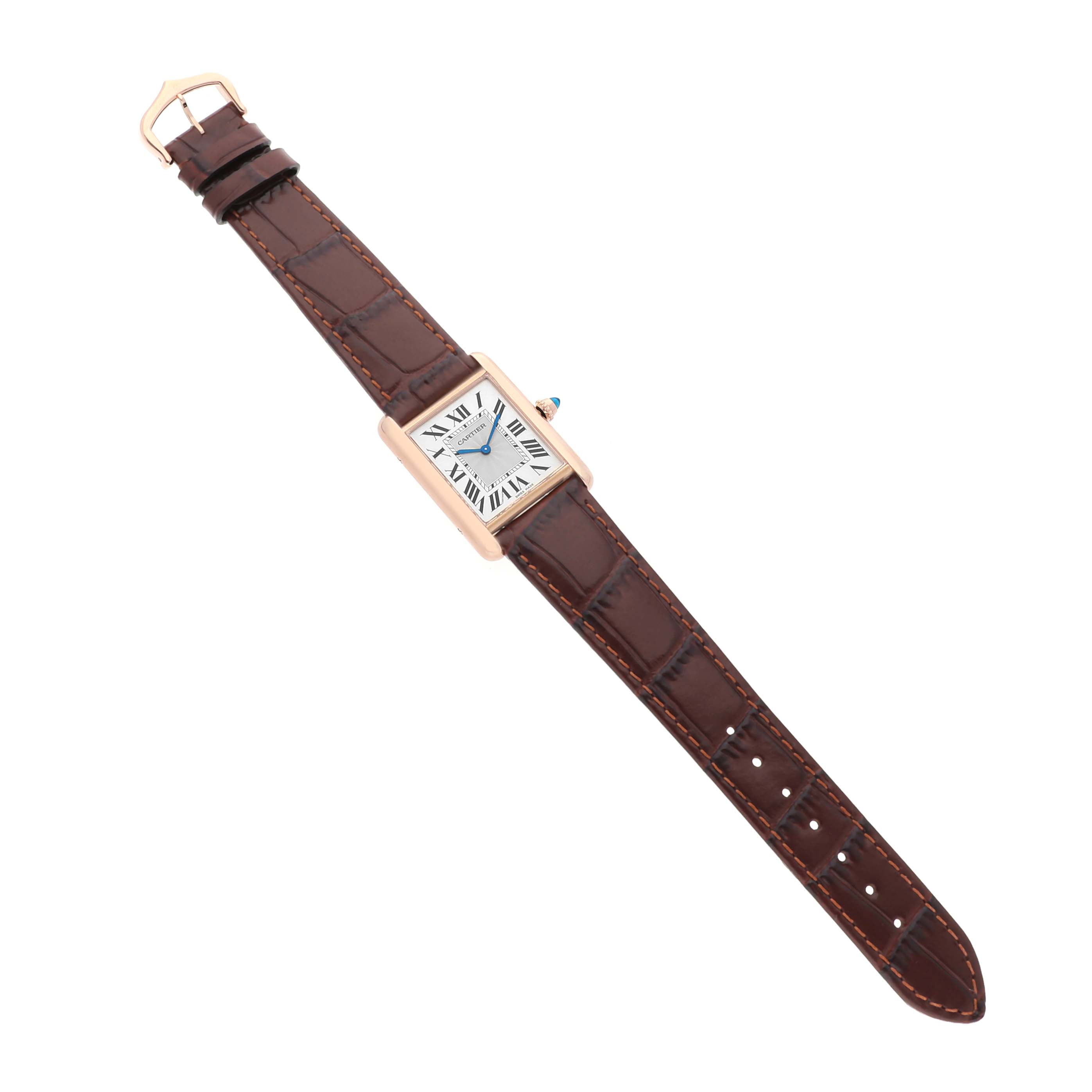 The Cartier Tank Louis WGTA0011 Men's Rose Gold Silver Dial watch is shown from a top-down angle, displaying the face, case, crown, and entire leather strap.