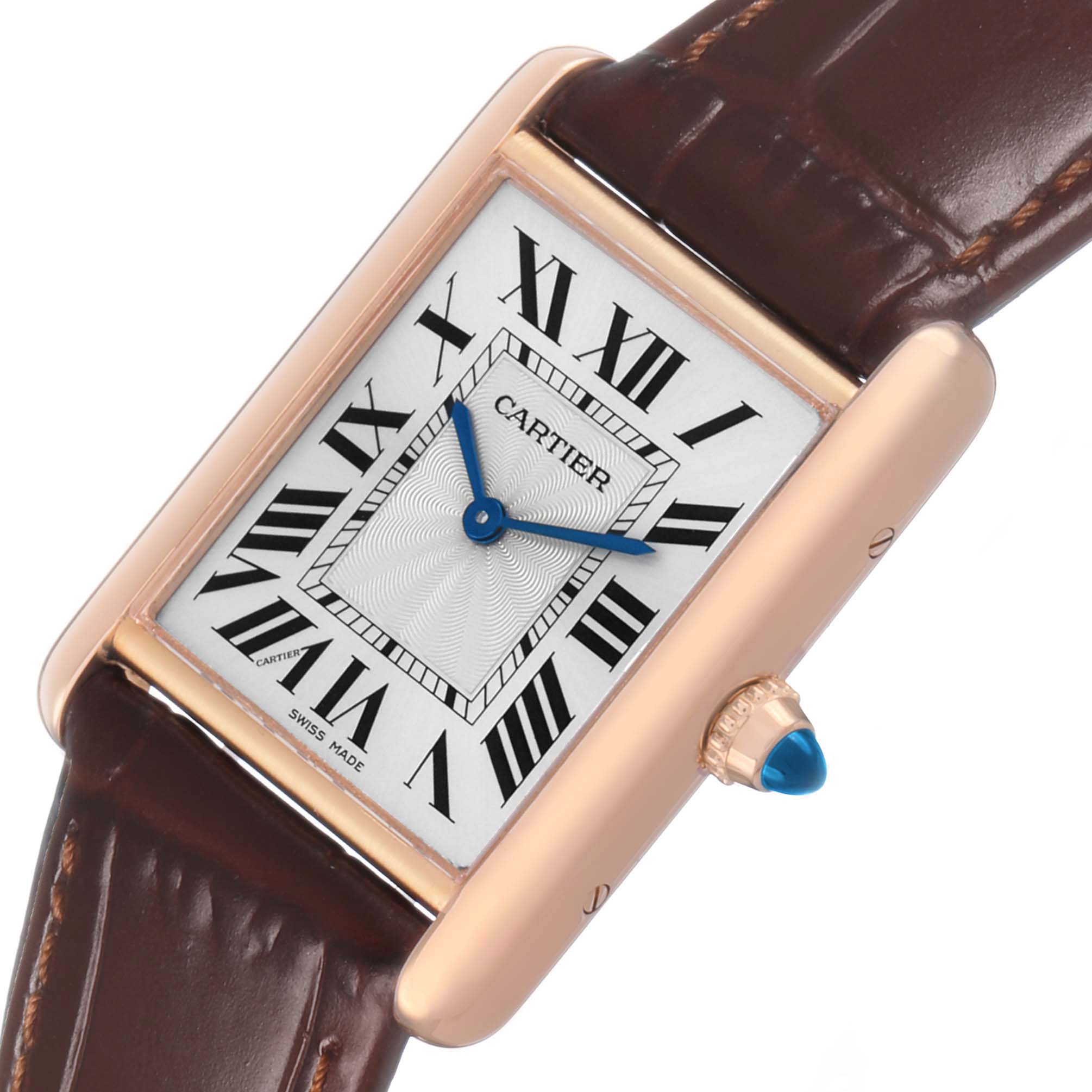 The Cartier Tank Louis WGTA0011 Men's Rose Gold Silver Dial watch is shown at an angled view, displaying its rectangular face, Roman numerals, and leather strap.