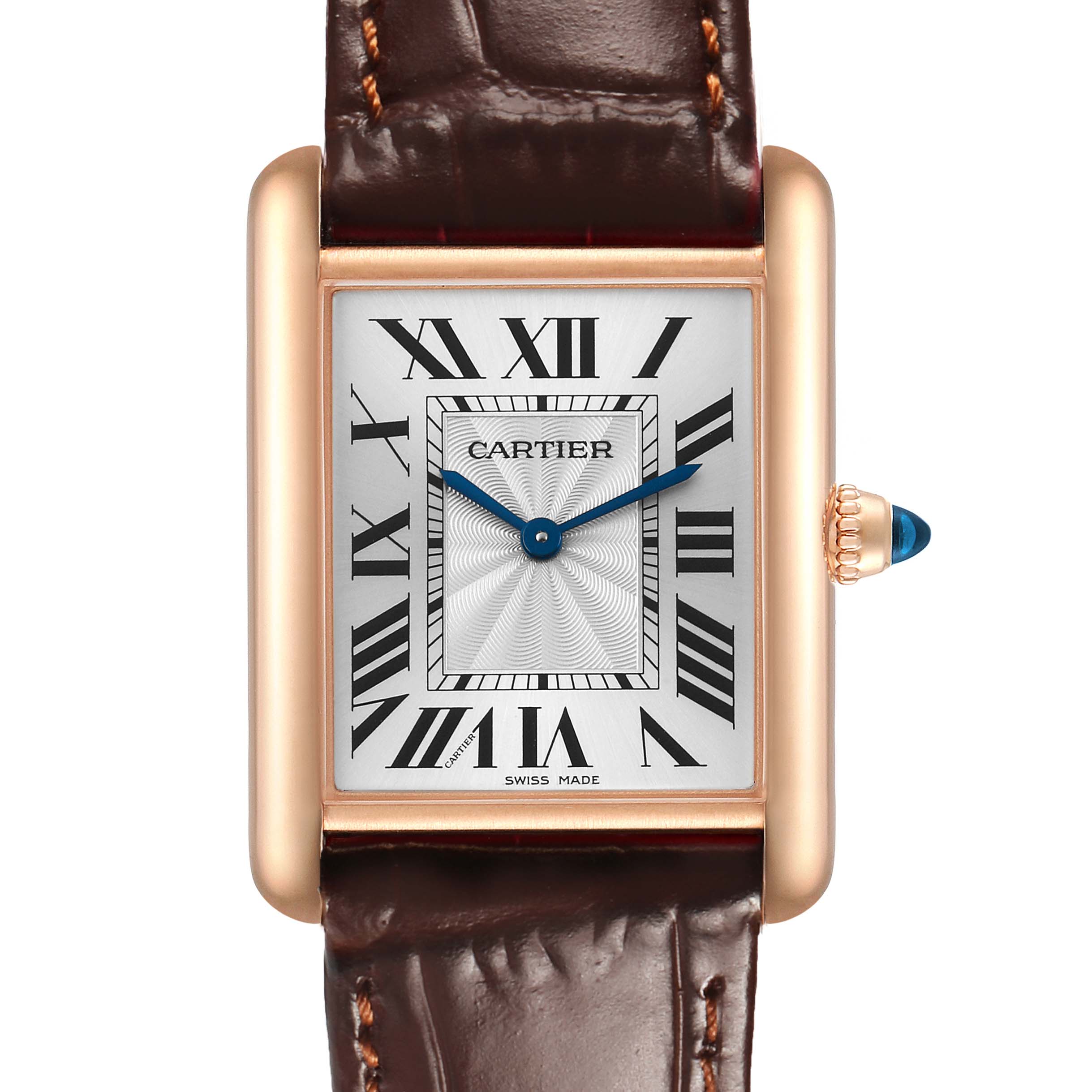 The Cartier Tank Louis WGTA0011 Men's Rose Gold Silver Dial watch is shown from the front, highlighting its rectangular face, Roman numerals, and brown leather strap.