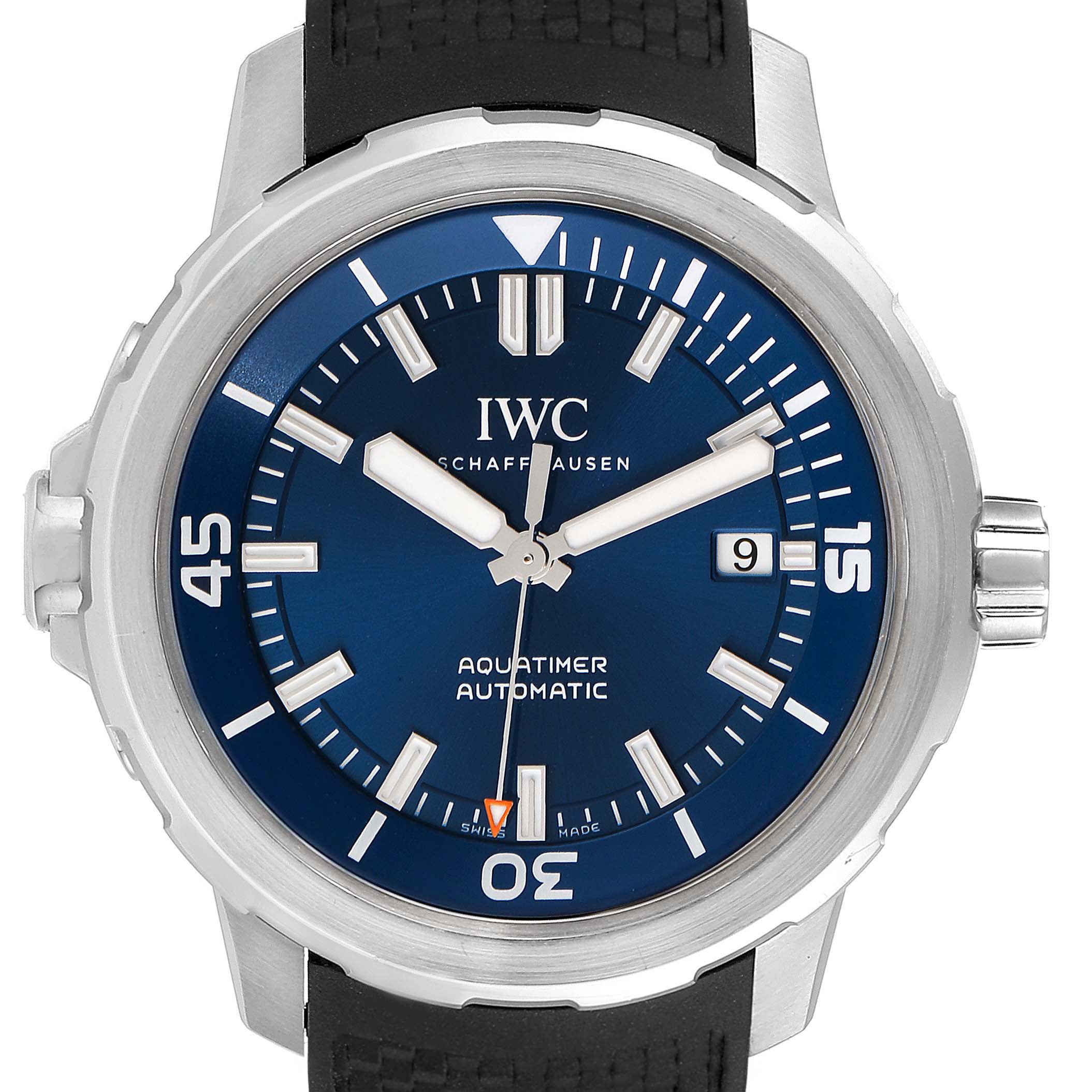 This IWC Aquatimer IW329005 Men's Stainless Steel Blue Dial IW329005 Men's Stainless Steel Blue Dial watch is shown from the front, highlighting the blue dial, hands, hour markers, date window, and rotating bezel.