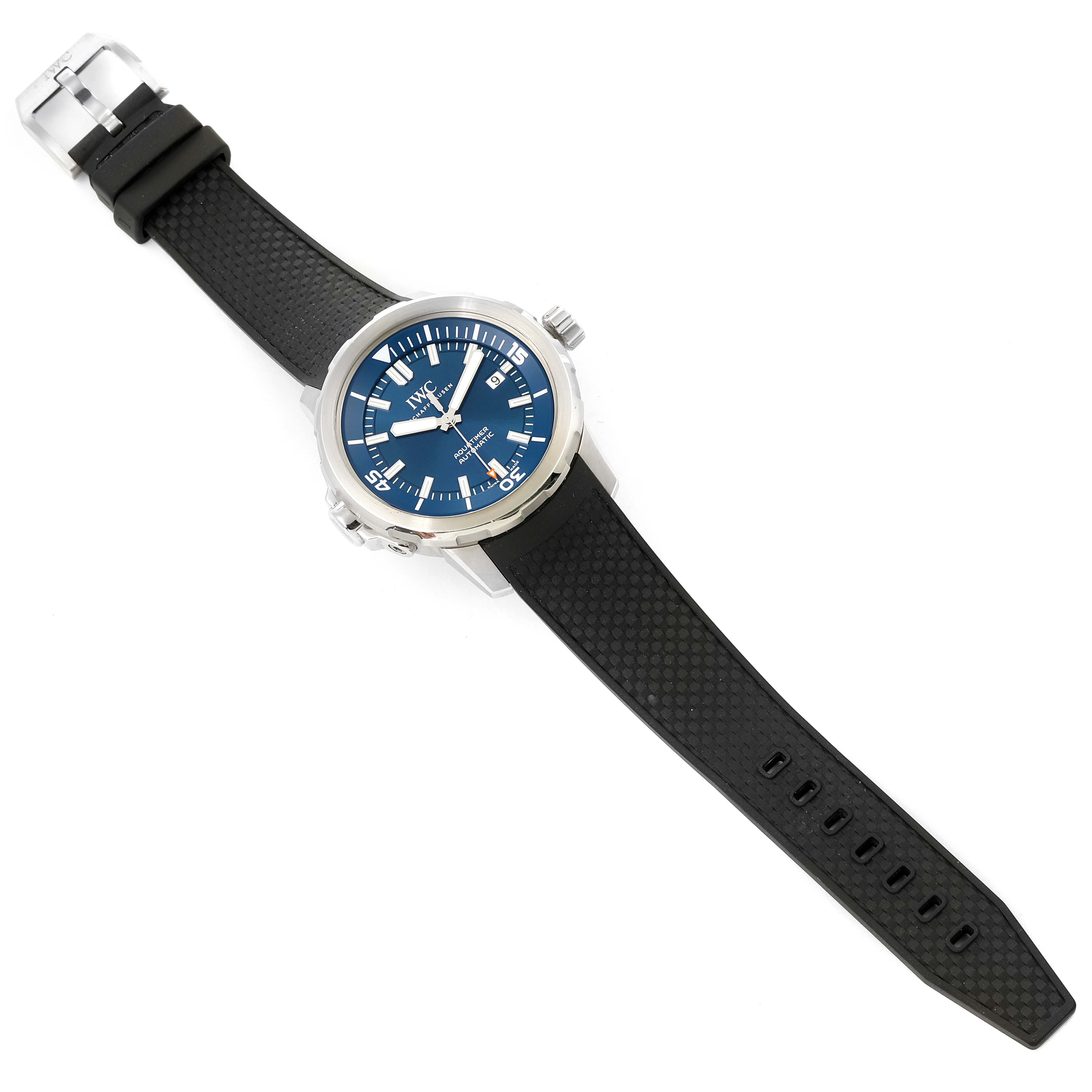 The image shows the IWC Aquatimer IW329005 Men's Stainless Steel Blue Dial IW329005 Men's Stainless Steel Blue Dial watch from a top-down angle, displaying the dial, bezel, crown, and rubber strap.