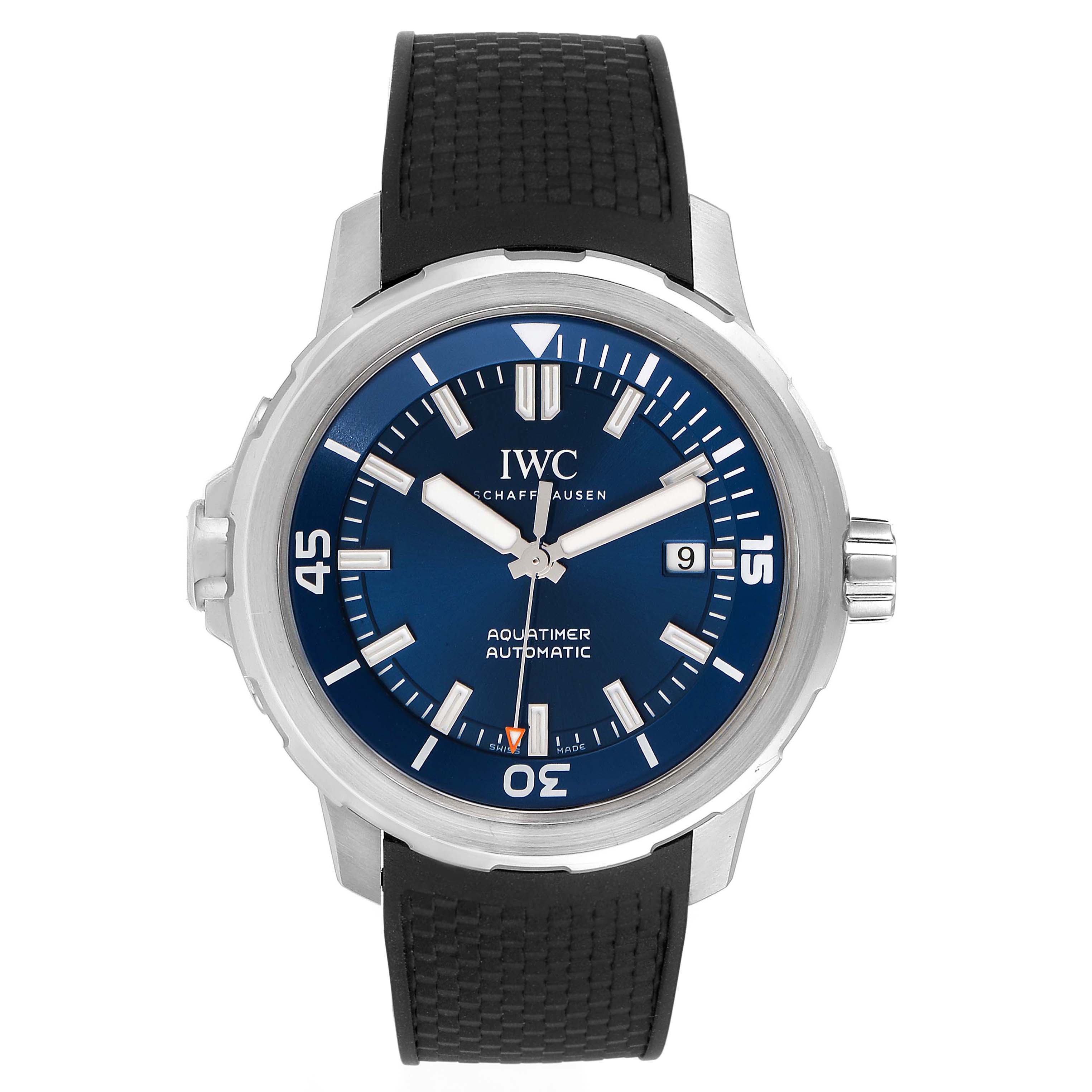 The image shows a front-facing view of the IWC Aquatimer IW329005 Men's Stainless Steel Blue Dial IW329005 Men's Stainless Steel Blue Dial watch, displaying its dial, bezel, and strap.