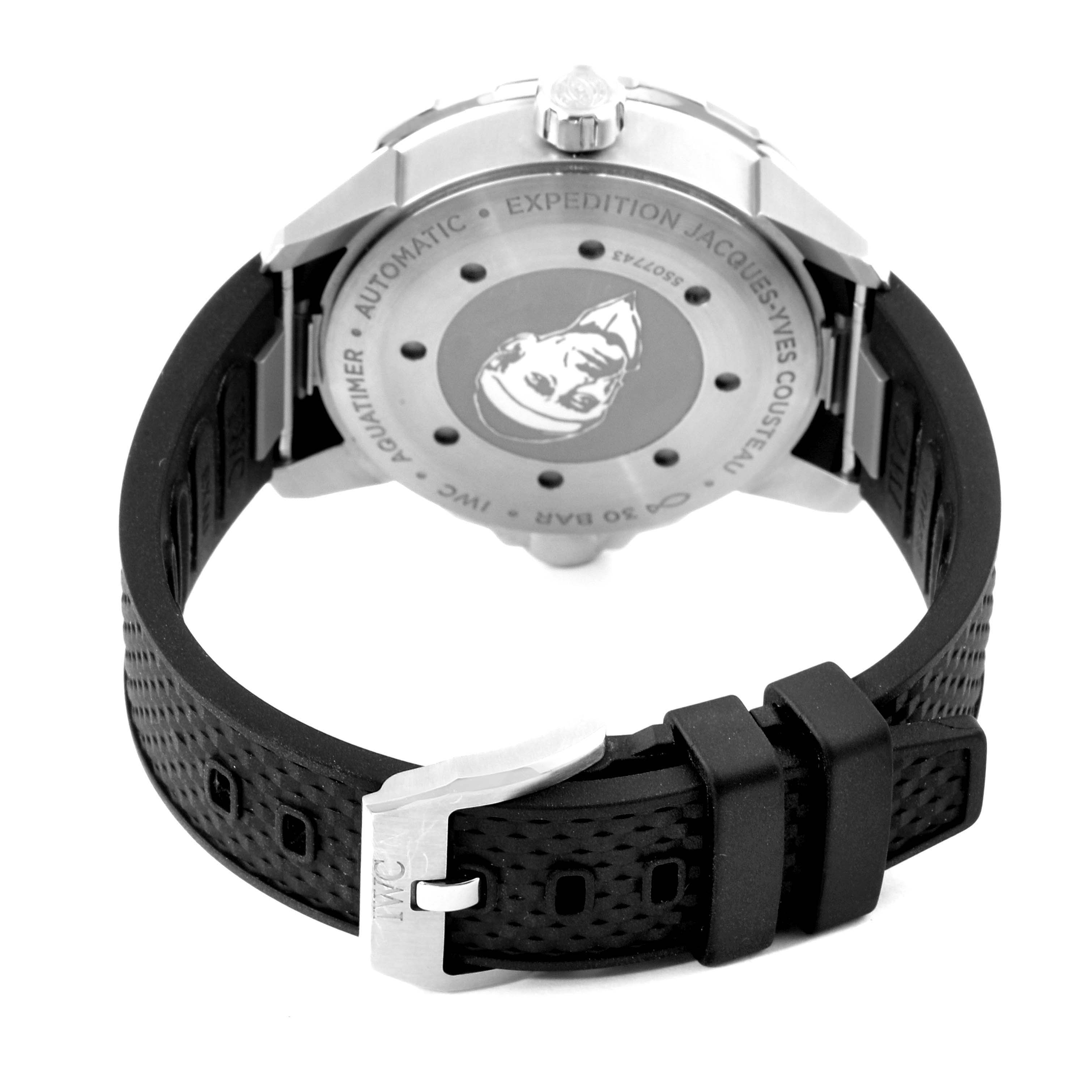 The image shows the back view of the IWC Aquatimer IW329005 Men's Stainless Steel Blue Dial IW329005 Men's Stainless Steel Blue Dial watch, highlighting its case back and rubber strap with a buckle.