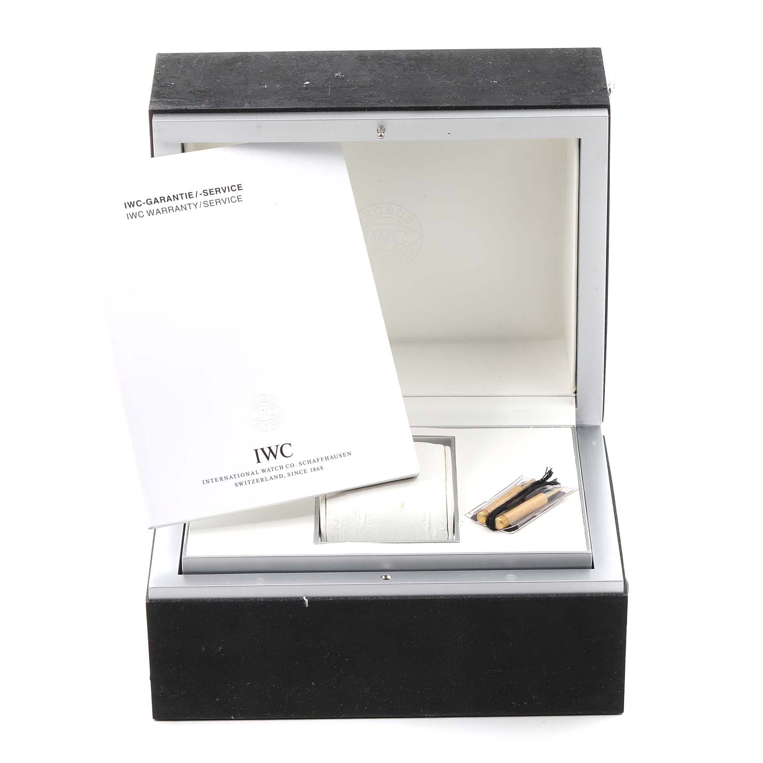 The image shows the open box and warranty/service booklets of an IWC Aquatimer IW329005 Men's Stainless Steel Blue Dial IW329005 Men's Stainless Steel Blue Dial watch, with no watch visible.