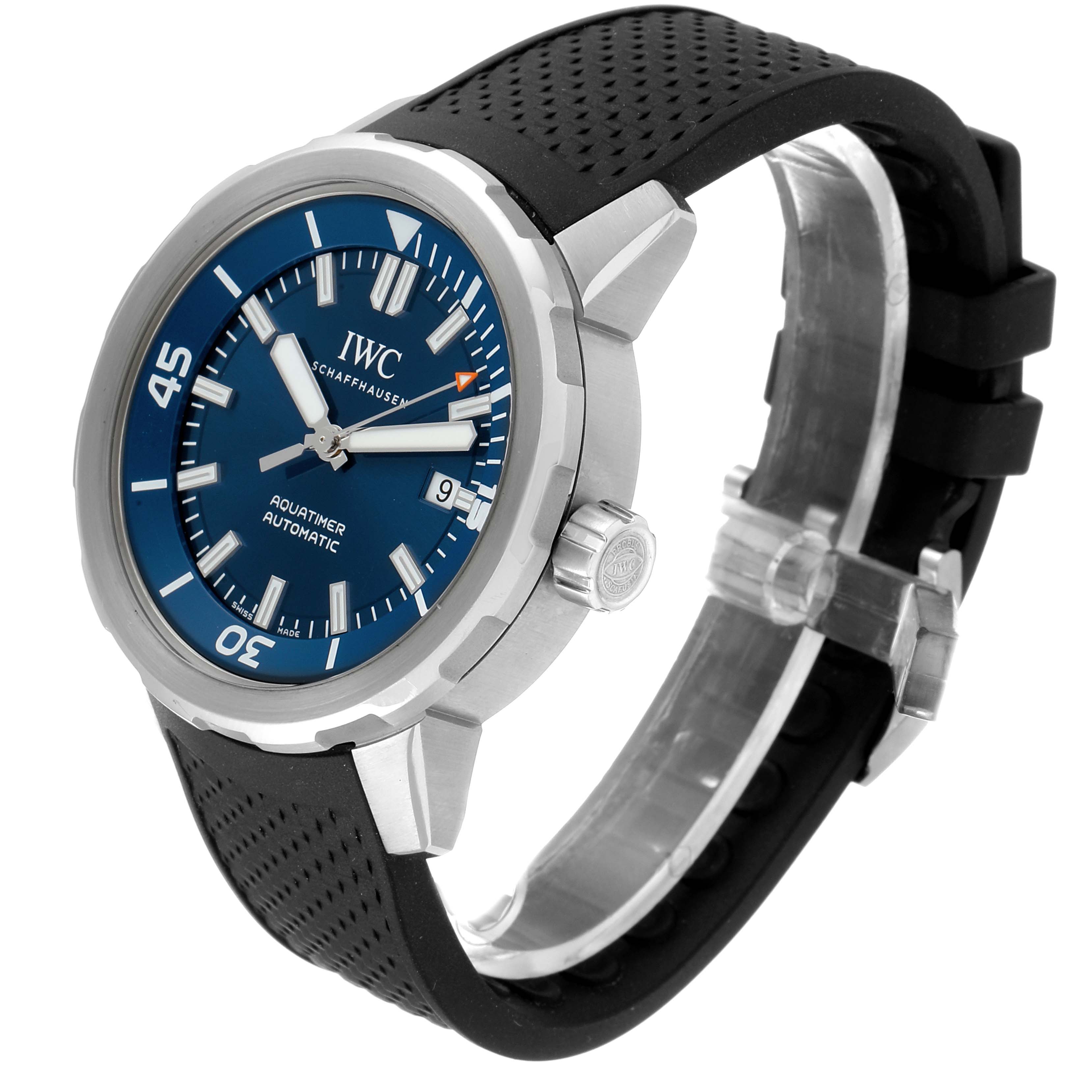 The IWC Aquatimer IW329005 Men's Stainless Steel Blue Dial IW329005 Men's Stainless Steel Blue Dial watch is shown at a front angle, displaying the blue dial, bezel, crown, and black strap.