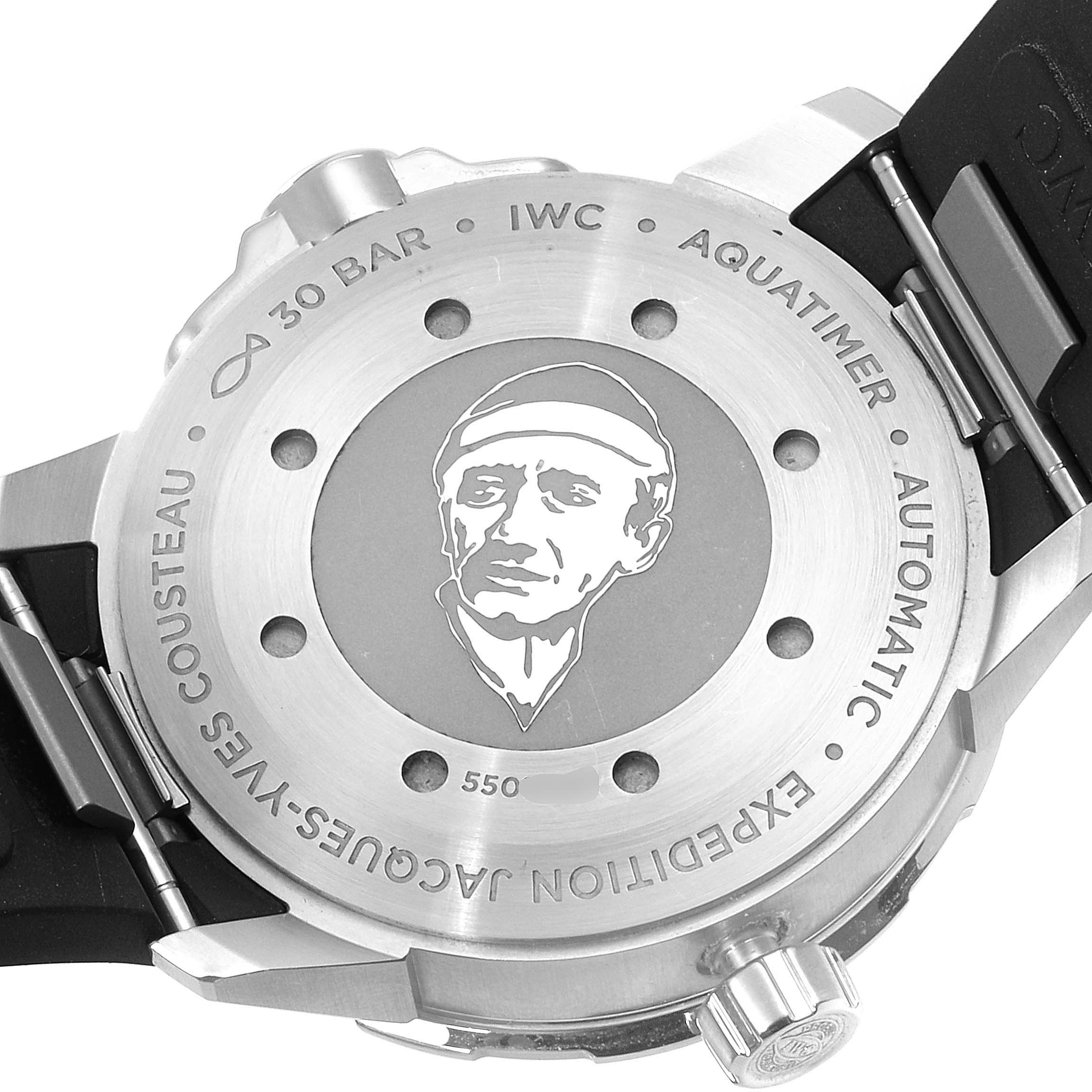 This is a rear view of the IWC Aquatimer IW329005 Men's Stainless Steel Blue Dial IW329005 Men's Stainless Steel Blue Dial watch, showing the case back and strap attachments.