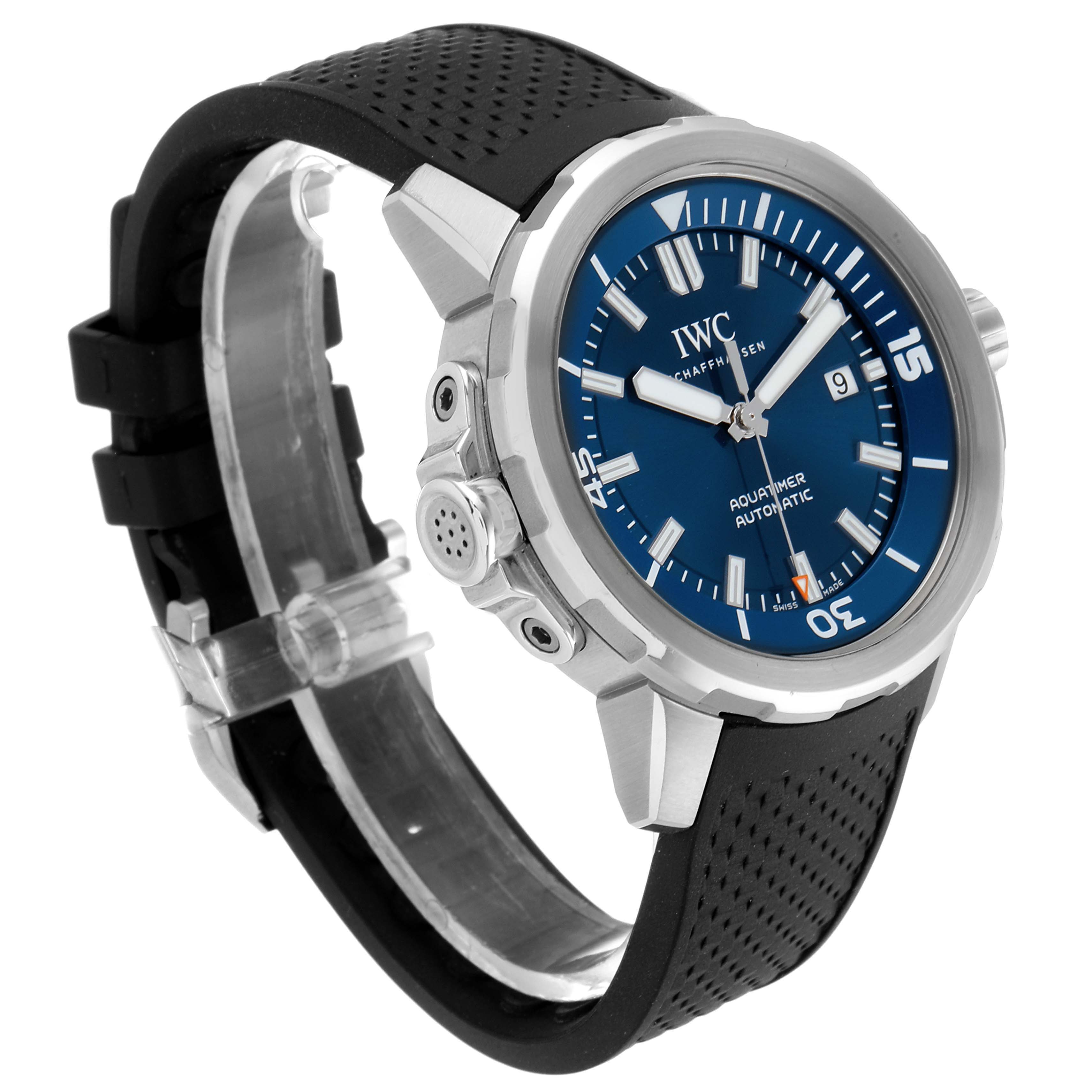 The IWC Aquatimer IW329005 Men's Stainless Steel Blue Dial IW329005 Men's Stainless Steel Blue Dial watch is shown at an angle displaying the face, bezel, crown, pushers, and black strap.