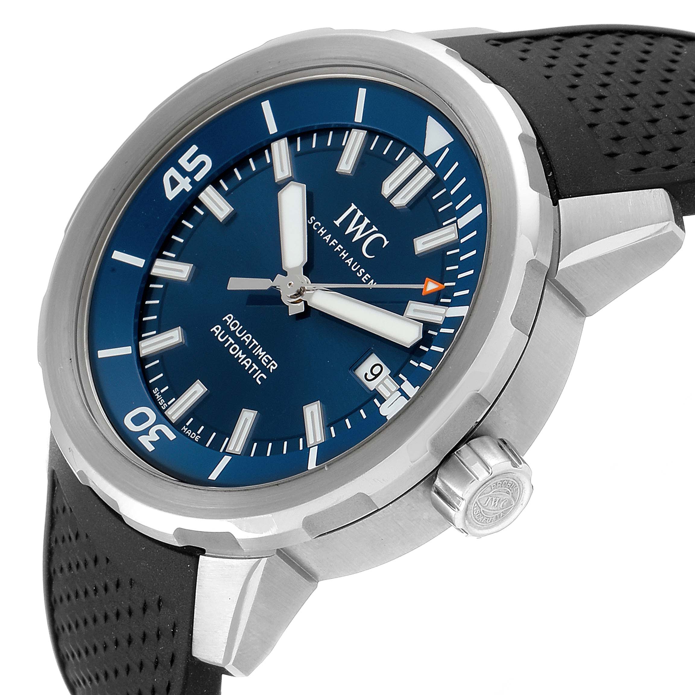 The image shows an IWC Aquatimer IW329005 Men's Stainless Steel Blue Dial IW329005 Men's Stainless Steel Blue Dial model watch from a front angle, highlighting its bezel, dial, and strap.