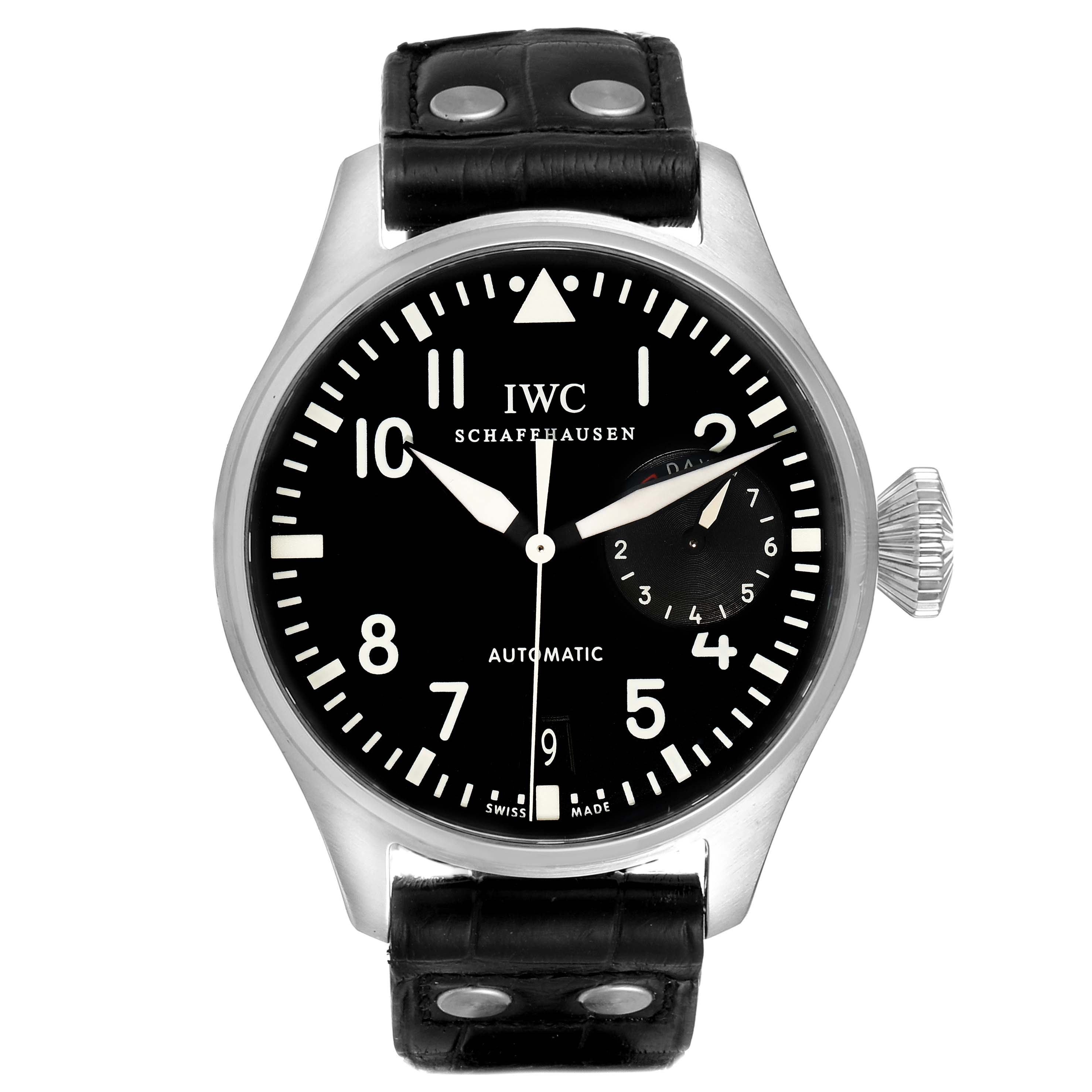This image shows a frontal view of the IWC Pilot IW500401 Men's Stainless Steel Black Dial IW500401 Men's Stainless Steel Black Dial model watch, displaying its dial, hands, and leather strap.