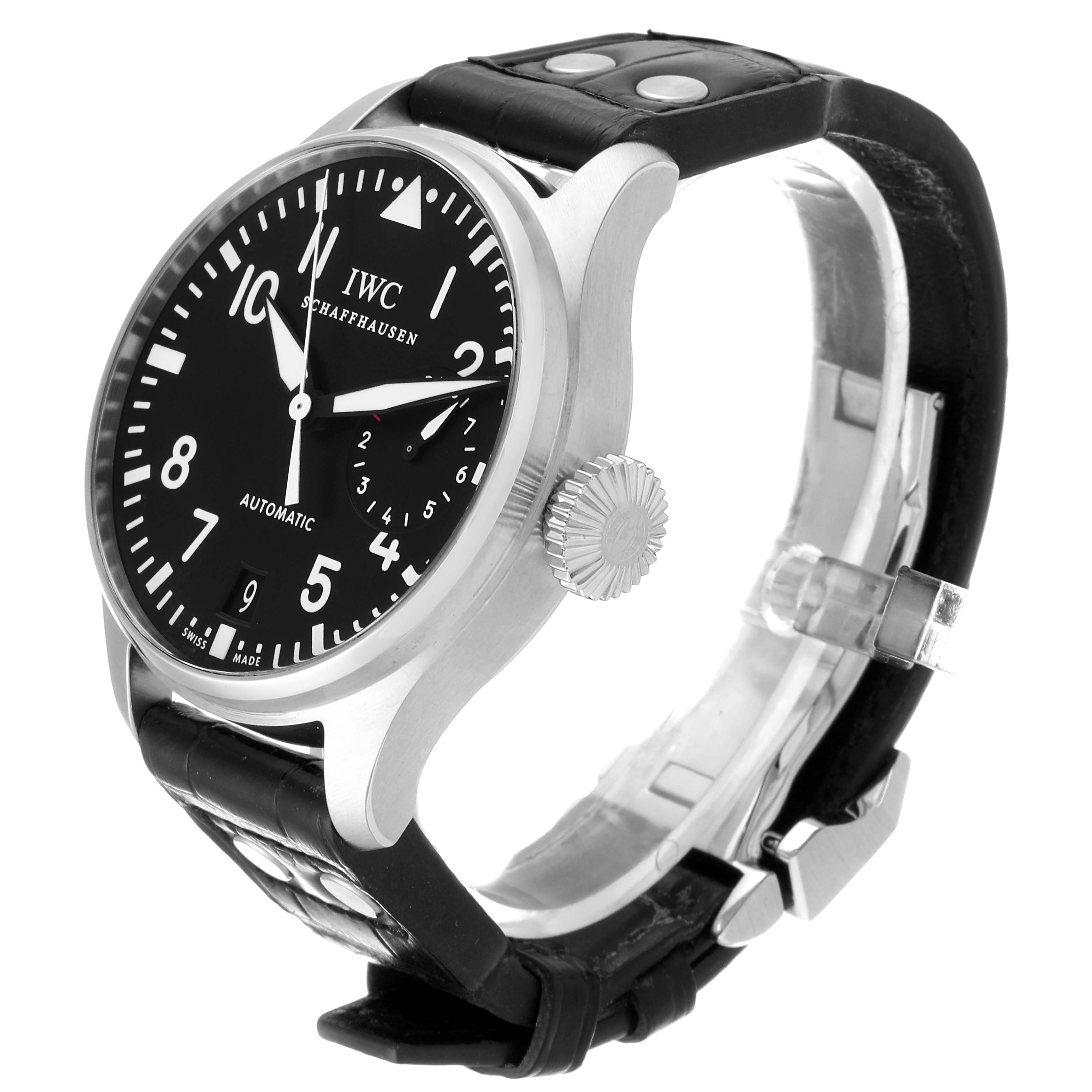 The IWC Pilot IW500401 Men's Stainless Steel Black Dial IW500401 Men's Stainless Steel Black Dial watch is shown at a slight angle displaying the face, crown, and part of the leather strap.