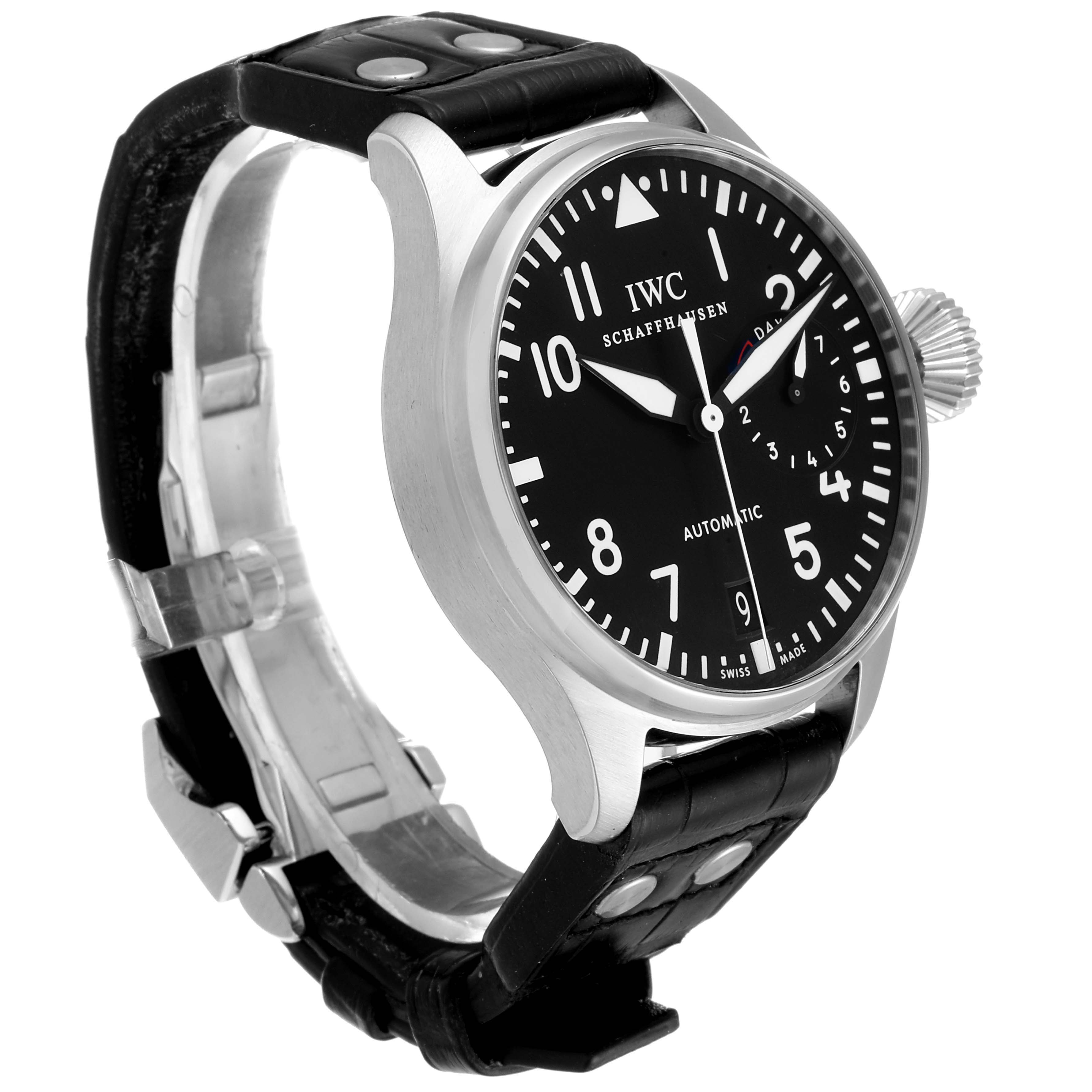 The image shows an IWC Pilot IW500401 Men's Stainless Steel Black Dial IW500401 Men's Stainless Steel Black Dial model watch at a slight angle, highlighting the face, crown, and leather strap with rivets.