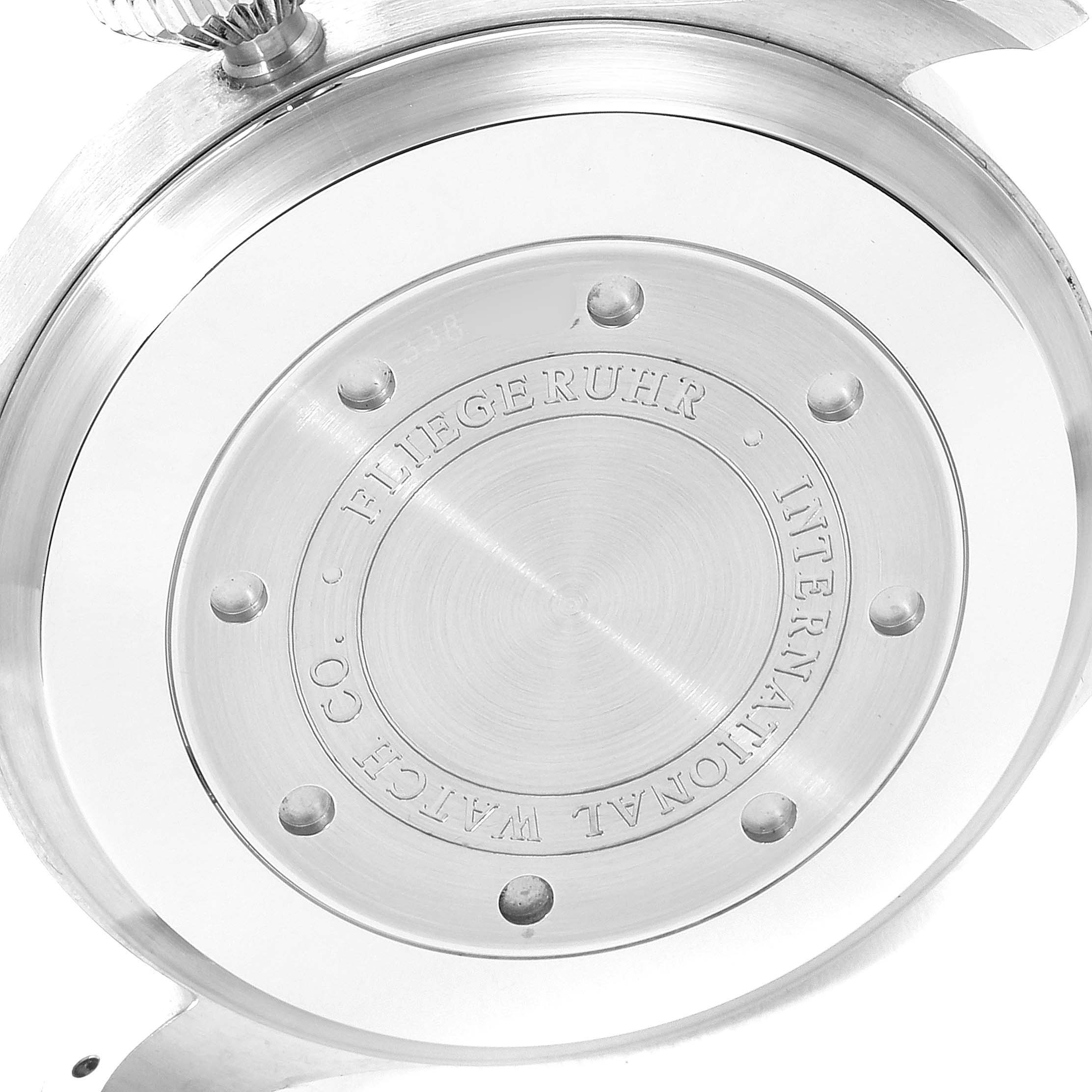 The image shows the back case of an IWC Pilot IW500401 Men's Stainless Steel Black Dial IW500401 Men's Stainless Steel Black Dial model watch, viewed from a slightly angled perspective.