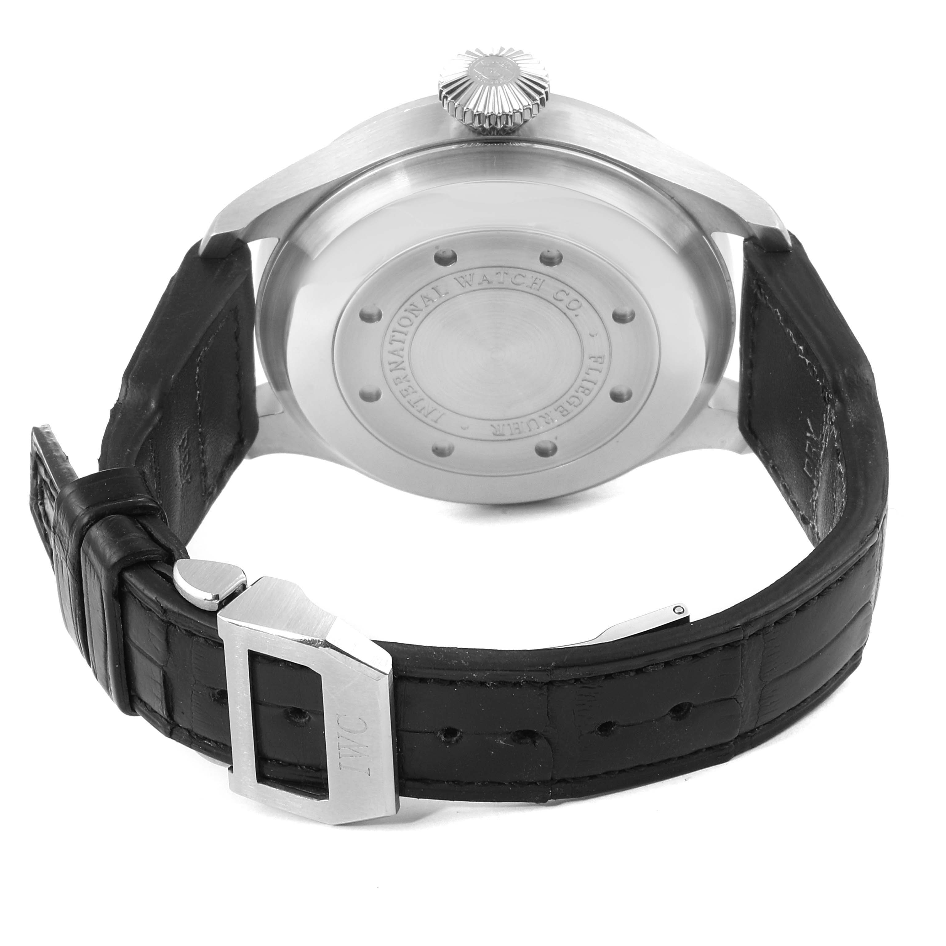 This image shows the back case and black leather strap with the clasp of the IWC Pilot IW500401 Men's Stainless Steel Black Dial IW500401 Men's Stainless Steel Black Dial watch model.