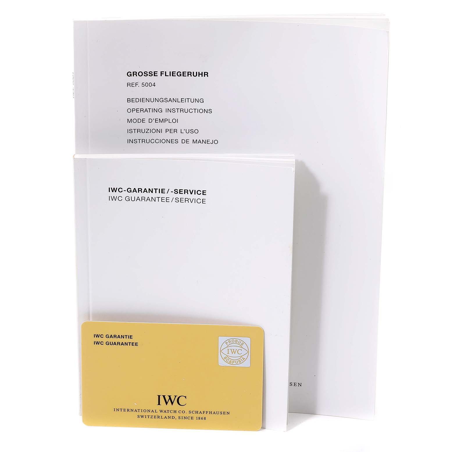 The image shows the documentation and guarantee card provided for an IWC Pilot IW500401 Men's Stainless Steel Black Dial IW500401 Men's Stainless Steel Black Dial Model.