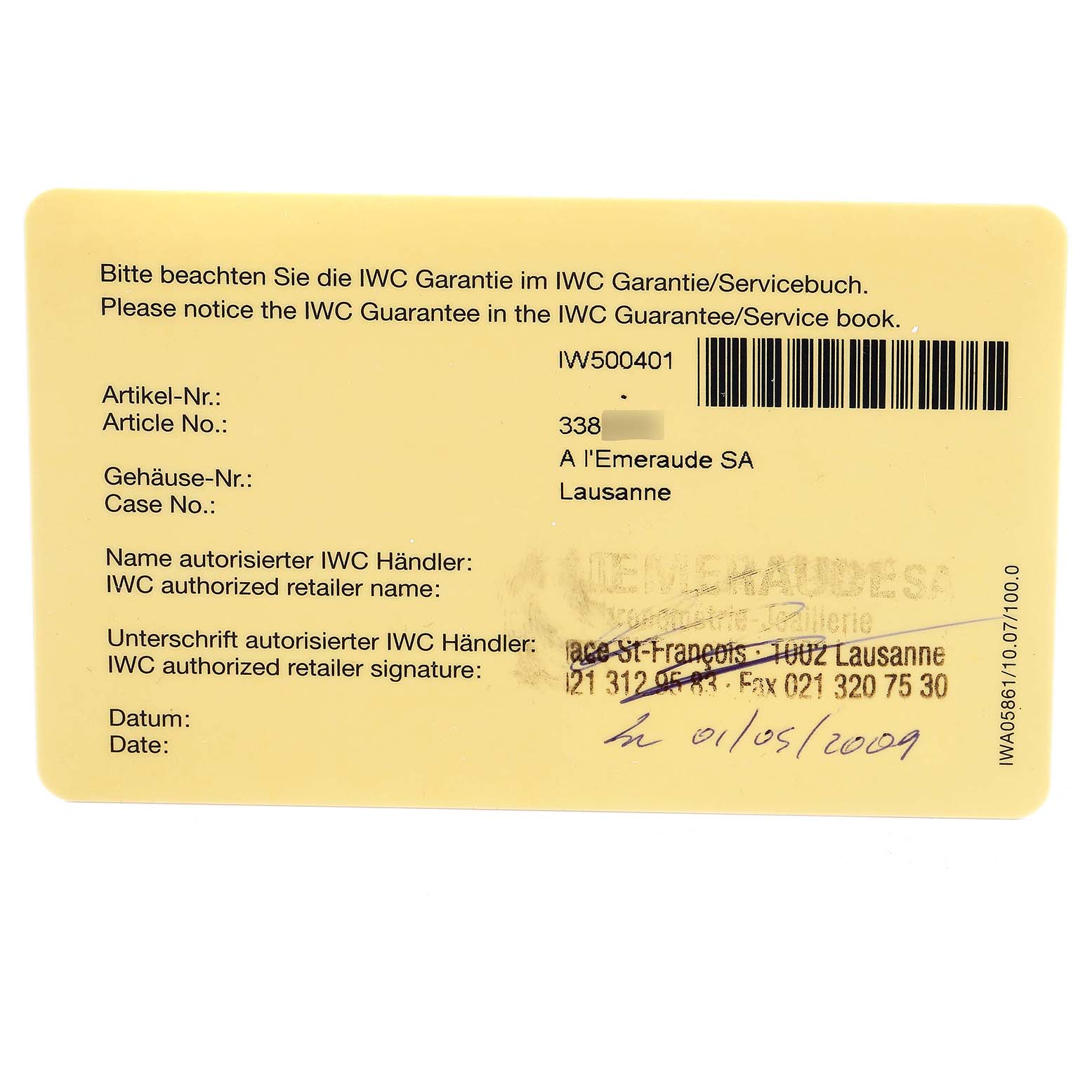 The image shows an IWC warranty card for the Pilot model, detailing article number, case number, retailer name, and date.