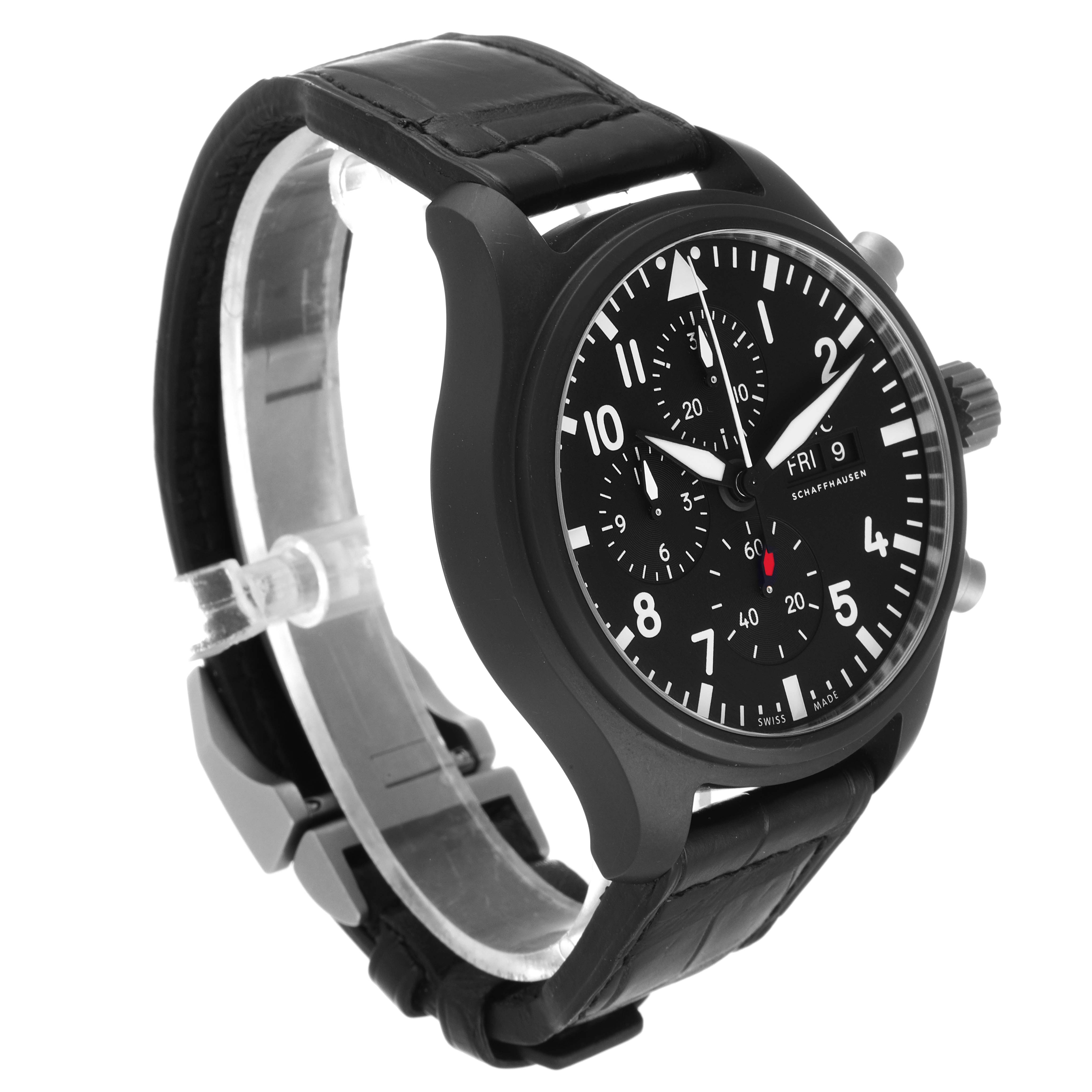 The IWC Pilot IW389101 Men's Ceramic Black Dial IW389101 Men's Ceramic Black Dial model watch is shown at an angle highlighting its black dial, chronograph functions, and leather strap.