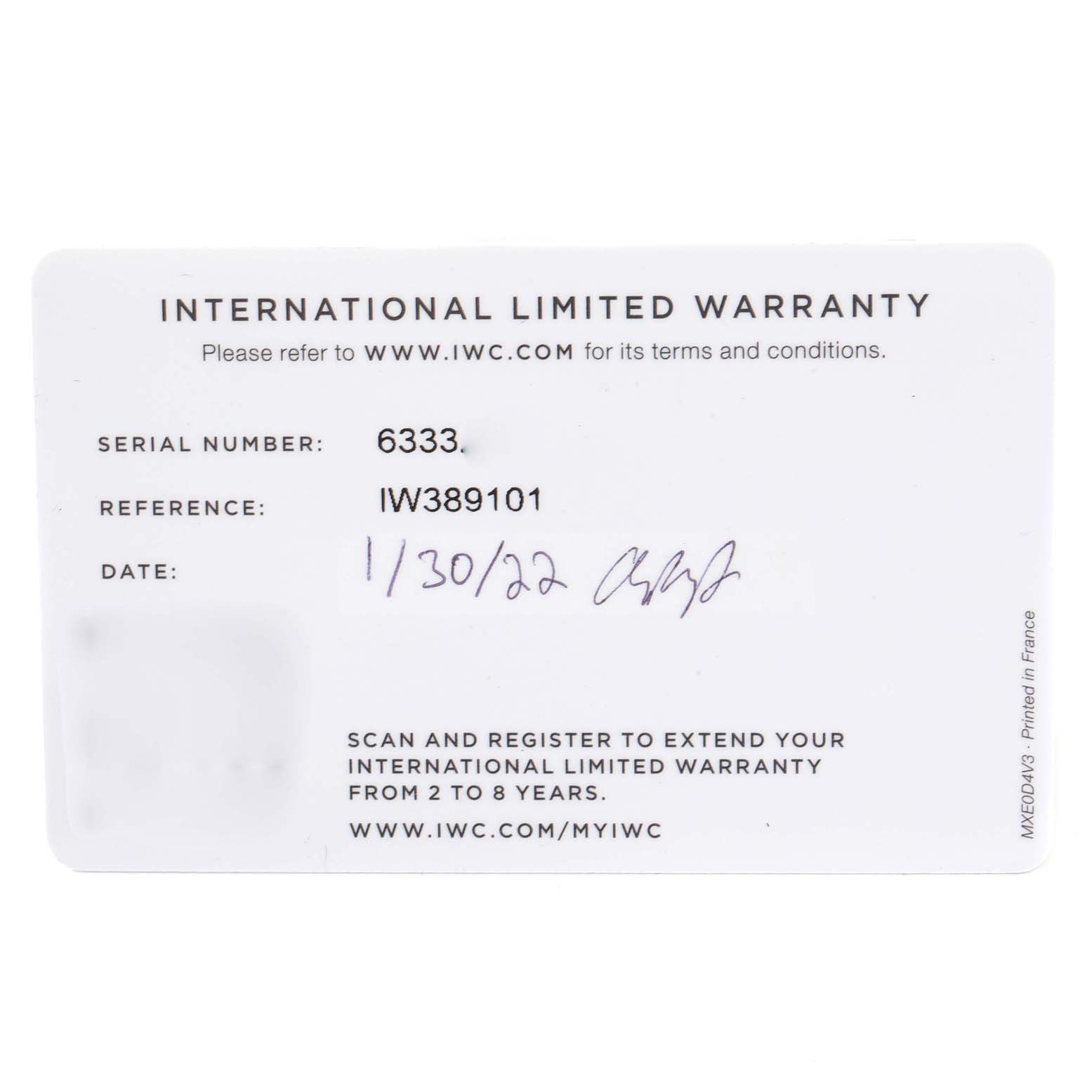 This image shows the front side of the international limited warranty card for the IWC Pilot IW389101 Men's Ceramic Black Dial IW389101 Men's Ceramic Black Dial model watch.