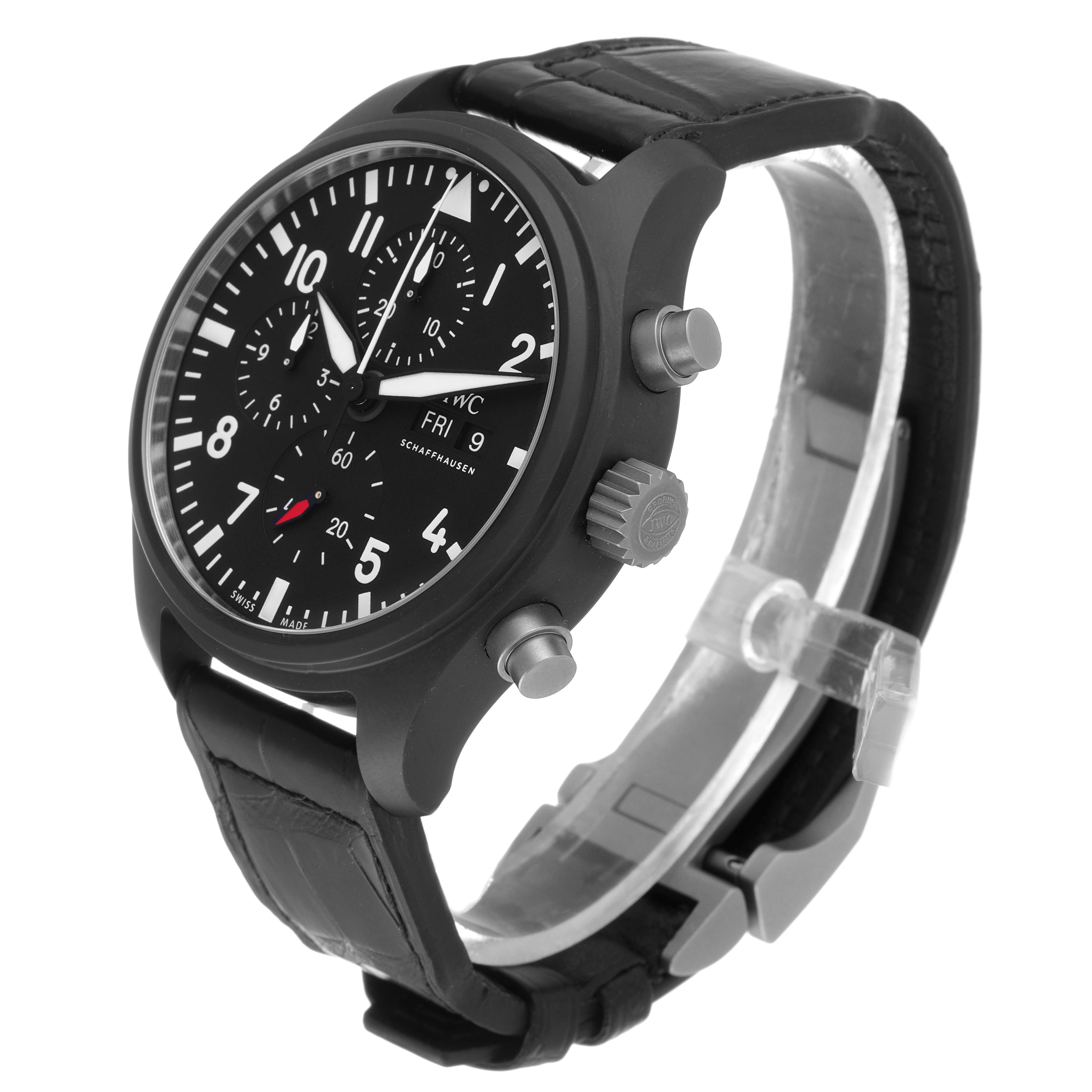 The IWC Pilot IW389101 Men's Ceramic Black Dial IW389101 Men's Ceramic Black Dial model watch is shown at a slight angle, highlighting its face, side buttons, and leather strap.