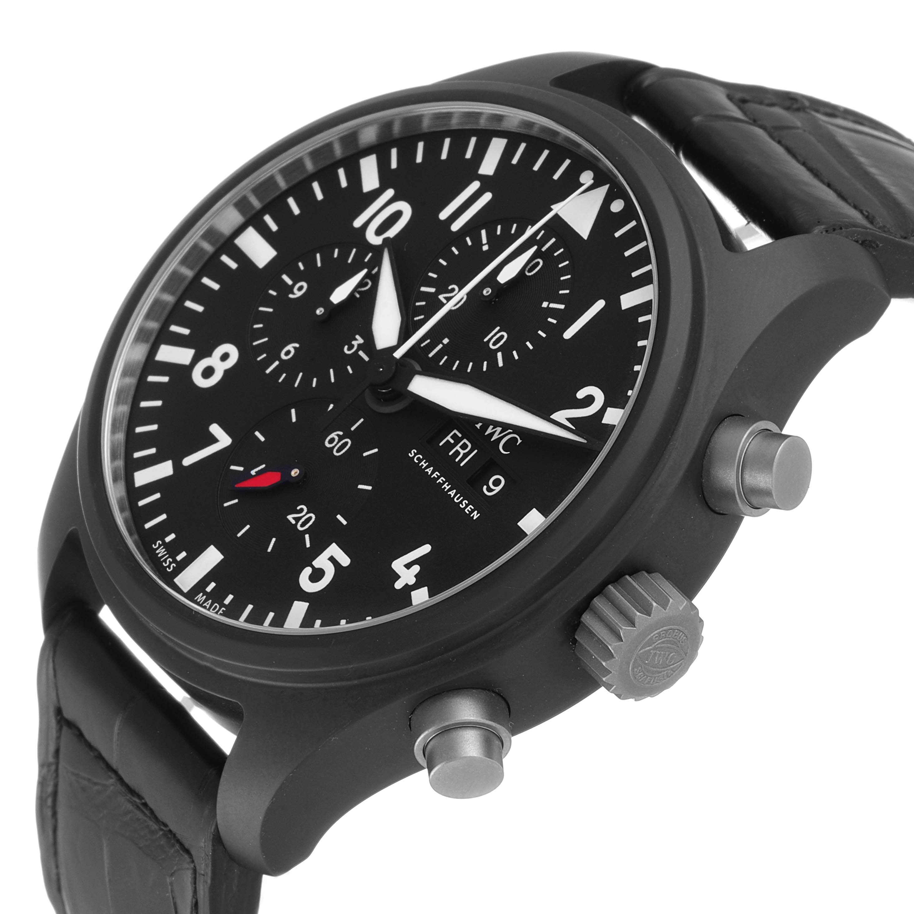 The IWC Pilot IW389101 Men's Ceramic Black Dial IW389101 Men's Ceramic Black Dial watch is shown at an oblique angle, highlighting the face, crown, pushers, and leather strap.