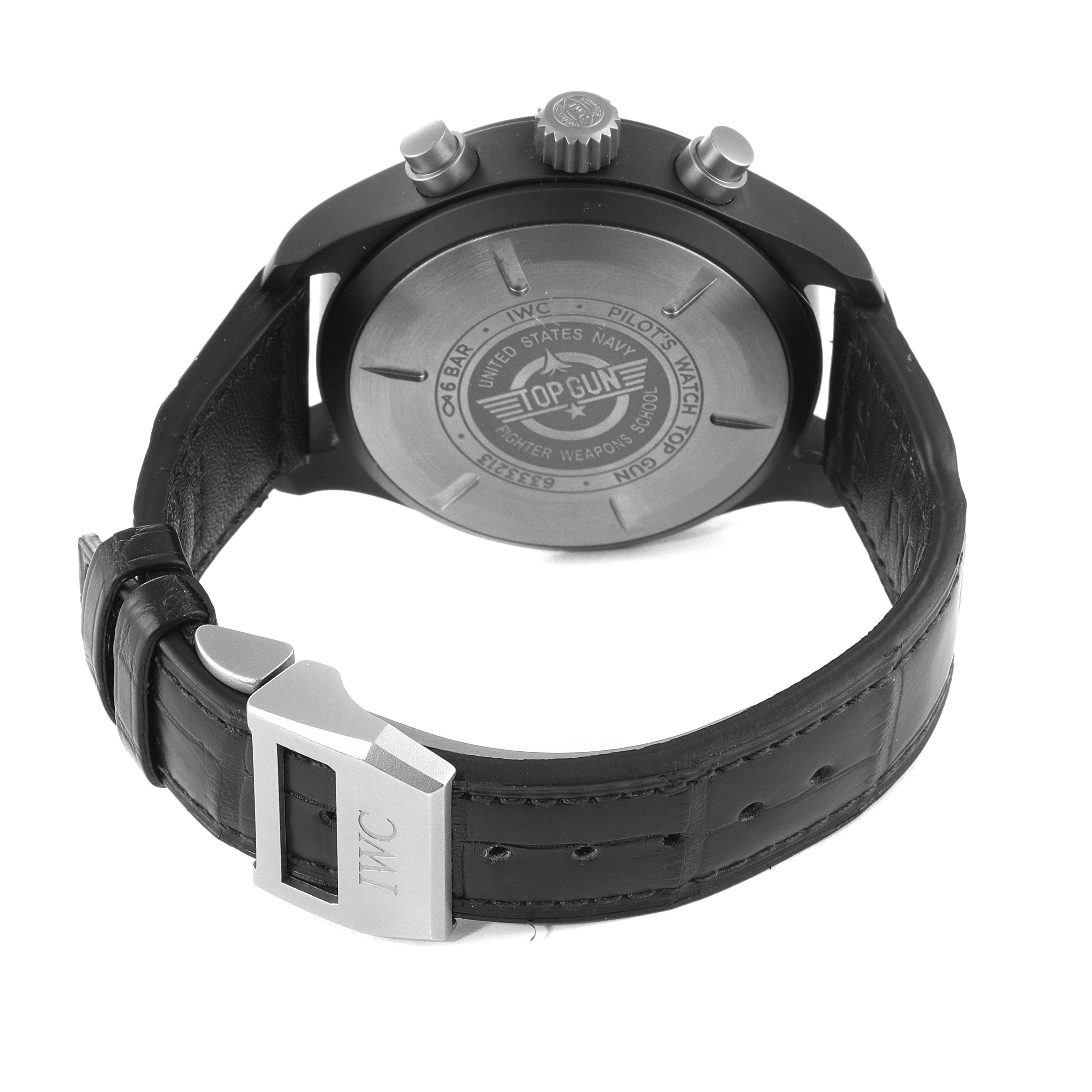 The image shows the back and part of the strap of an IWC Pilot IW389101 Men's Ceramic Black Dial IW389101 Men's Ceramic Black Dial model watch, highlighting the case back and clasp.