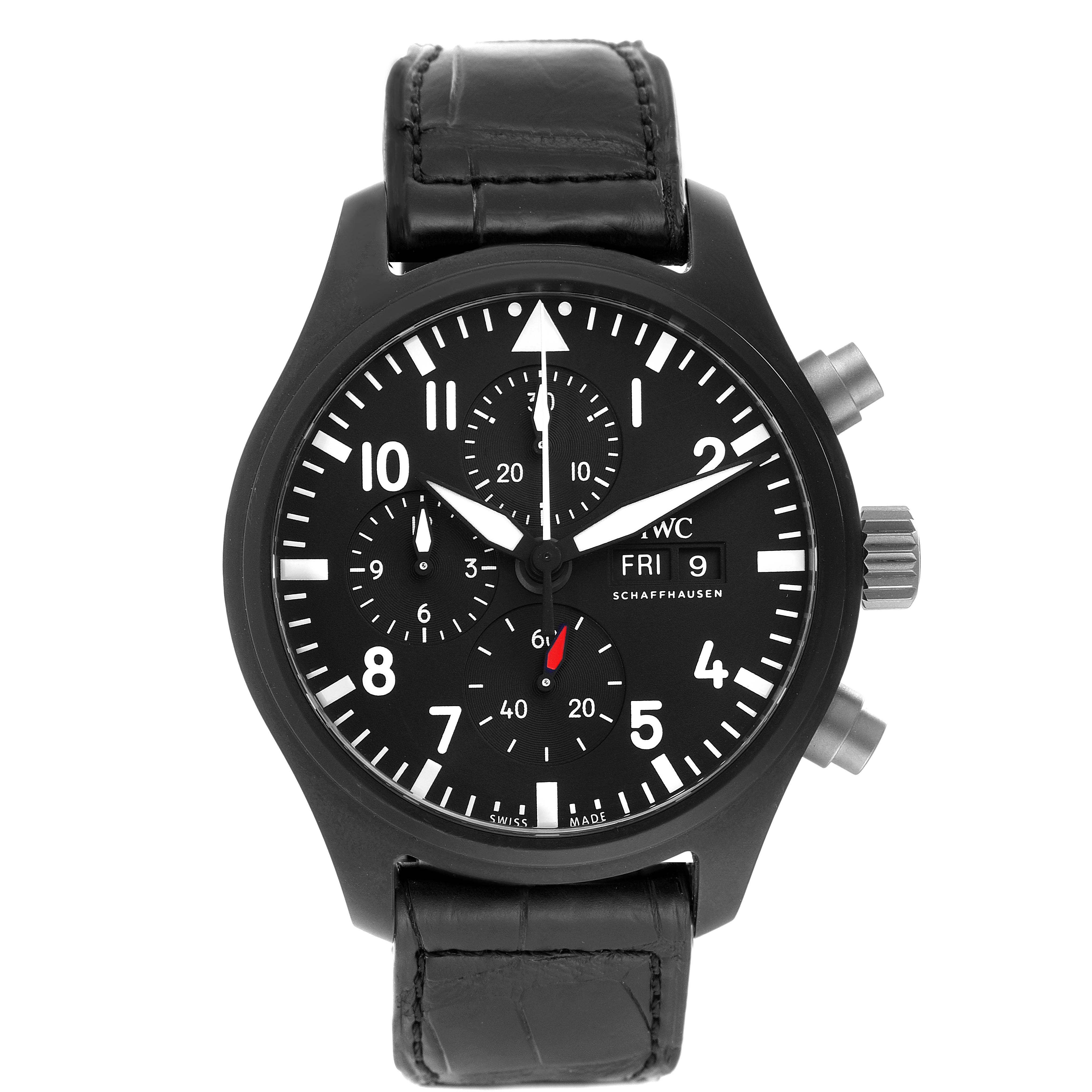 The image shows a front view of the IWC Pilot IW389101 Men's Ceramic Black Dial IW389101 Men's Ceramic Black Dial model watch, featuring its face, bezel, pushers, and leather strap.