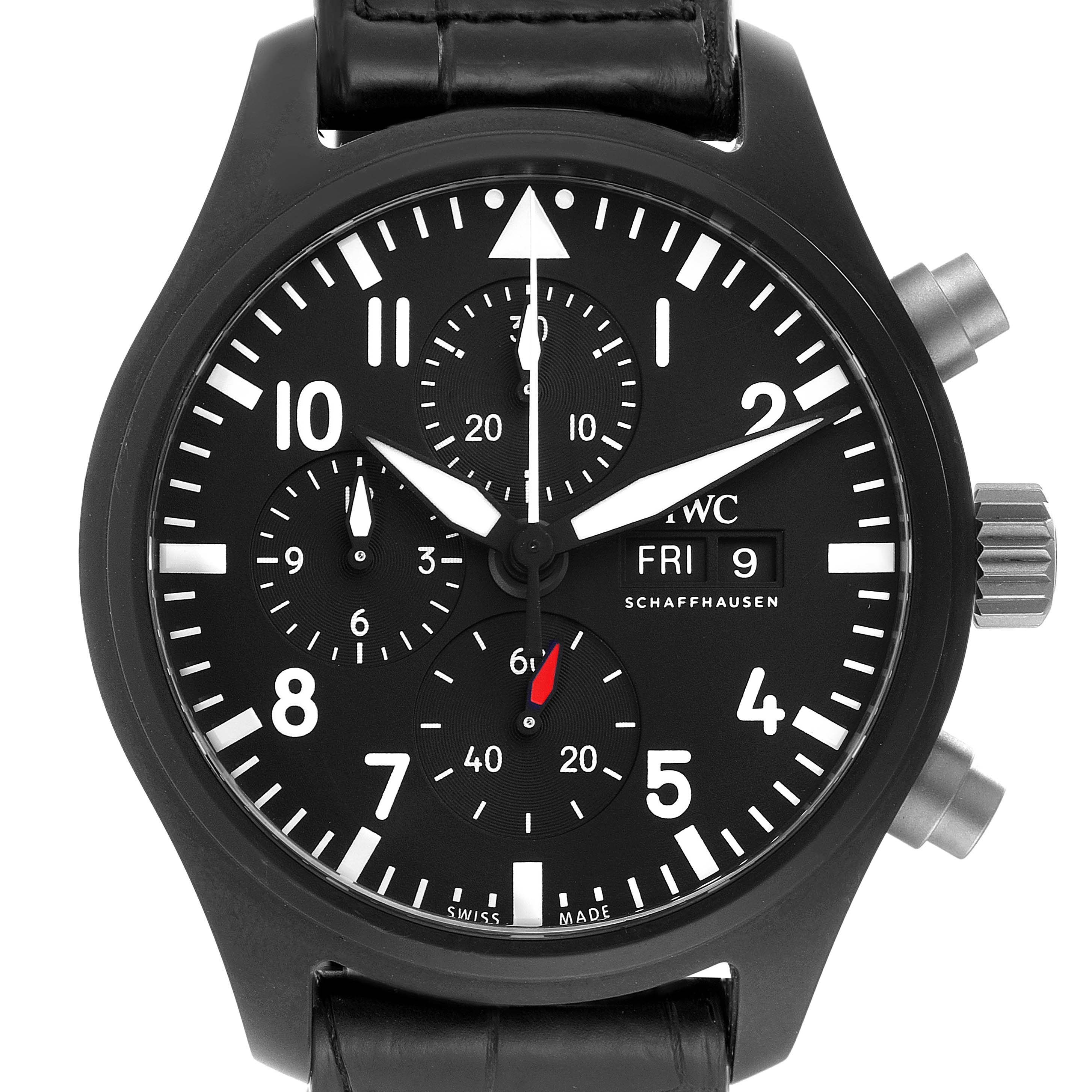 The IWC Pilot IW389101 Men's Ceramic Black Dial IW389101 Men's Ceramic Black Dial model watch is shown from a front angle, displaying its black dial, three sub-dials, and a leather strap.