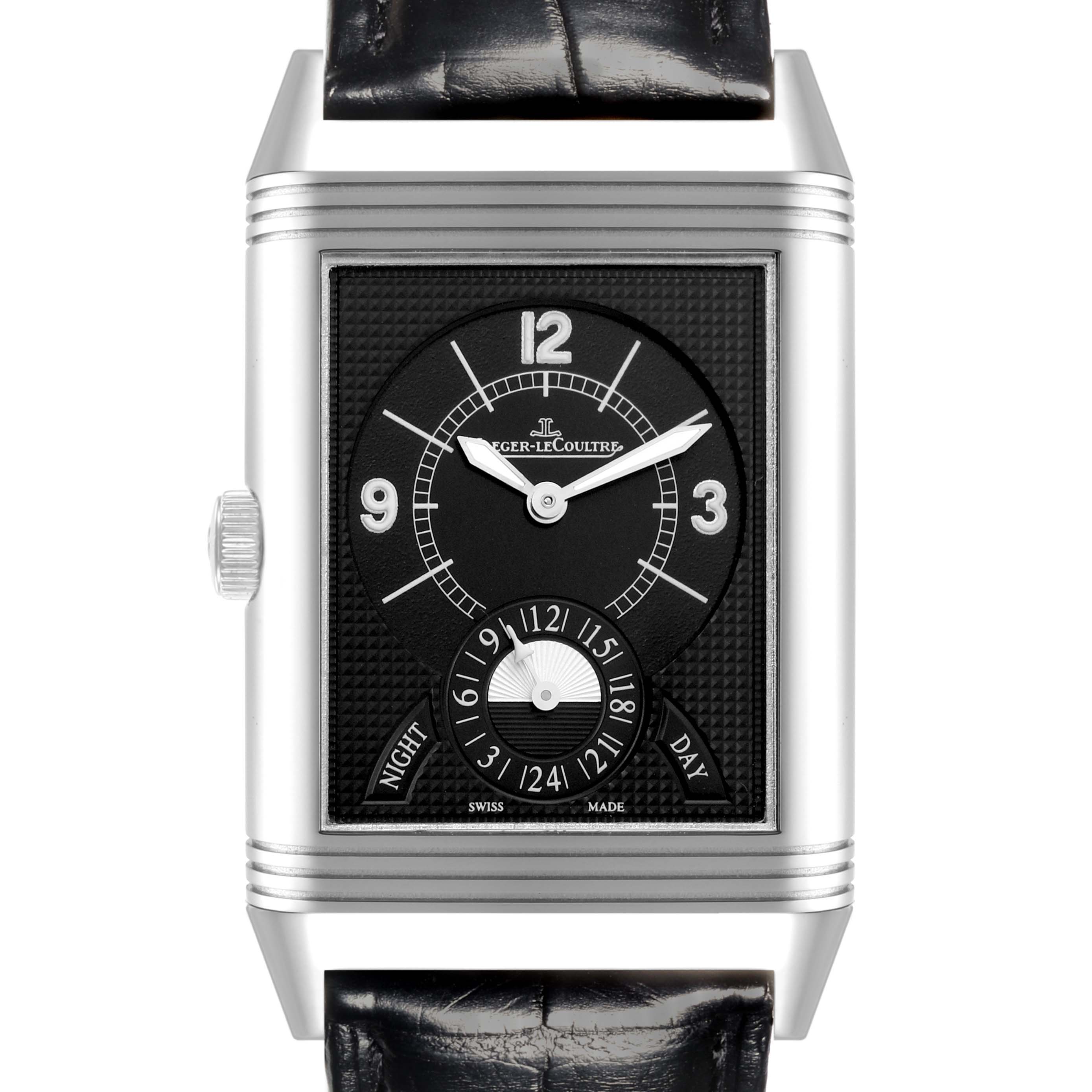 The Jaeger-LeCoultre Reverso watch is shown from the front, highlighting the dial, case, crown, and leather strap.