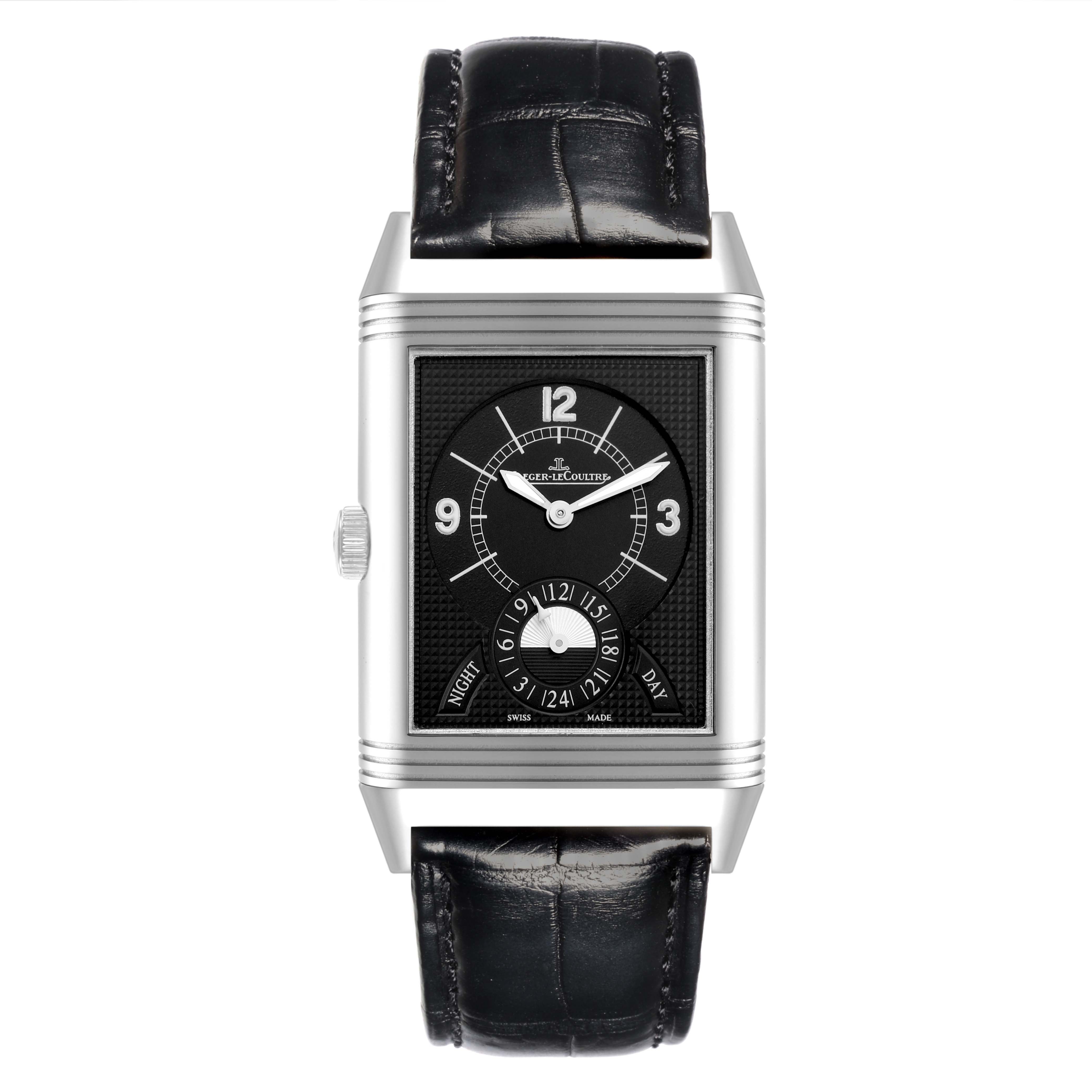 The Jaeger-LeCoultre Reverso watch is shown from the front, displaying the rectangular case, dial, and strap.