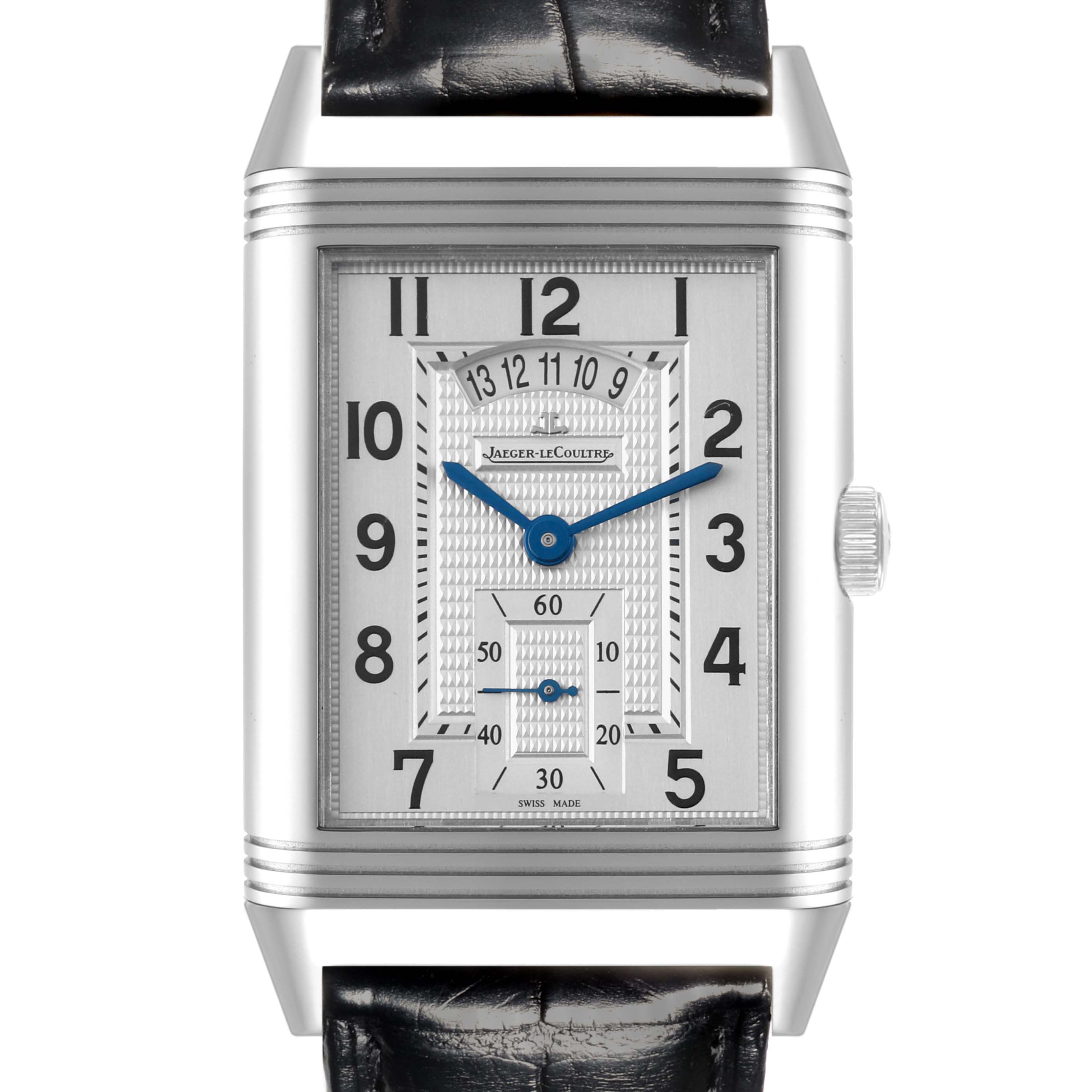 This image shows a front view of the Jaeger-LeCoultre Reverso watch, highlighting its rectangular case and detailed dial.
