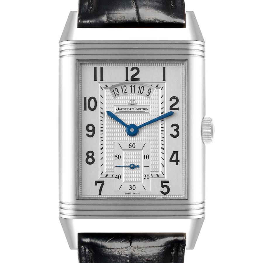 This image shows a front view of the Jaeger-LeCoultre Reverso watch, highlighting its rectangular case and detailed dial.